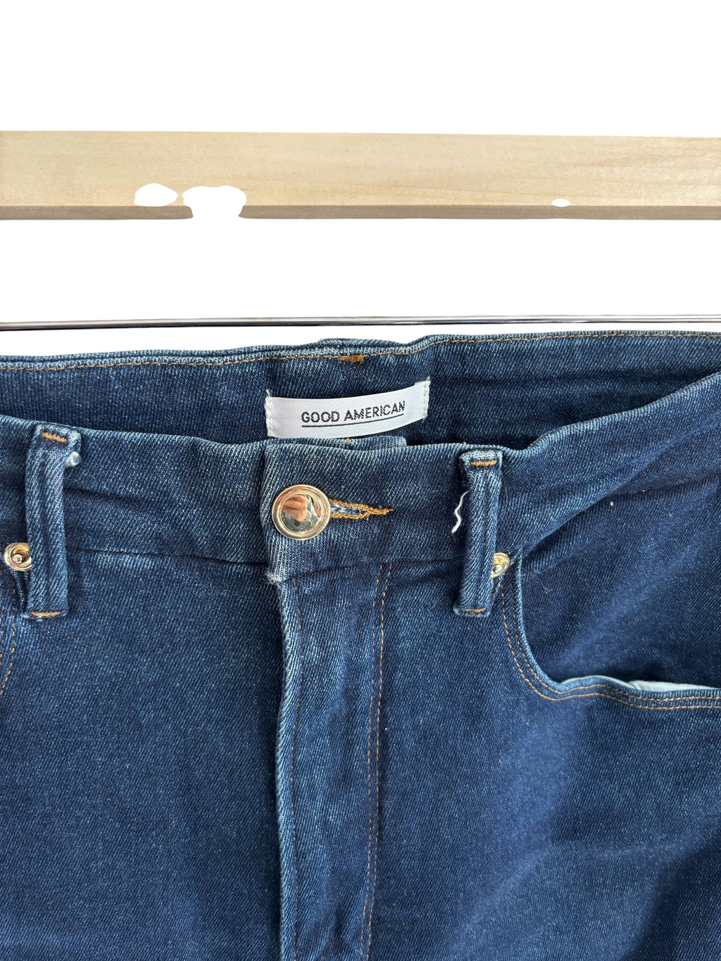 Good American Good Waist High Rise Skinny Jeans Blue Raw Hem GWFH941T Size 14/32