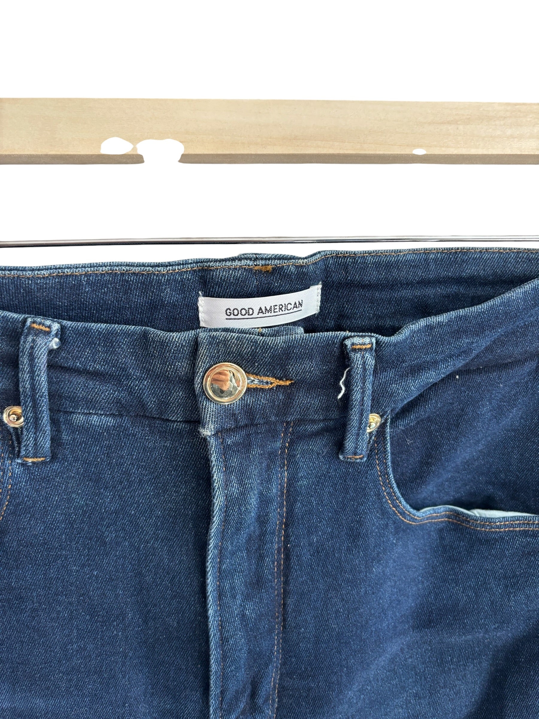 Good American Good Waist High Rise Skinny Jeans Blue Raw Hem GWFH941T Size 14/32