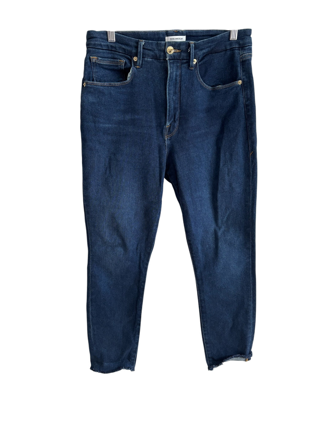 Good American Good Waist High Rise Skinny Jeans Blue Raw Hem GWFH941T Size 14/32