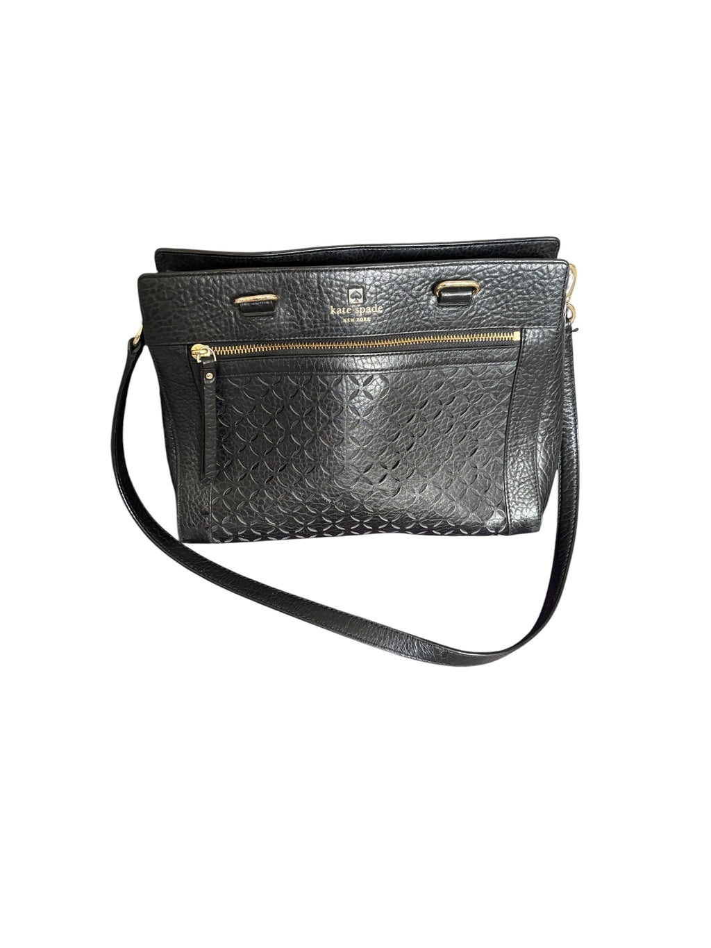 Kate Spade Black Pebbled Leather Perforated Floral Shoulder Bag Gold Hardware
