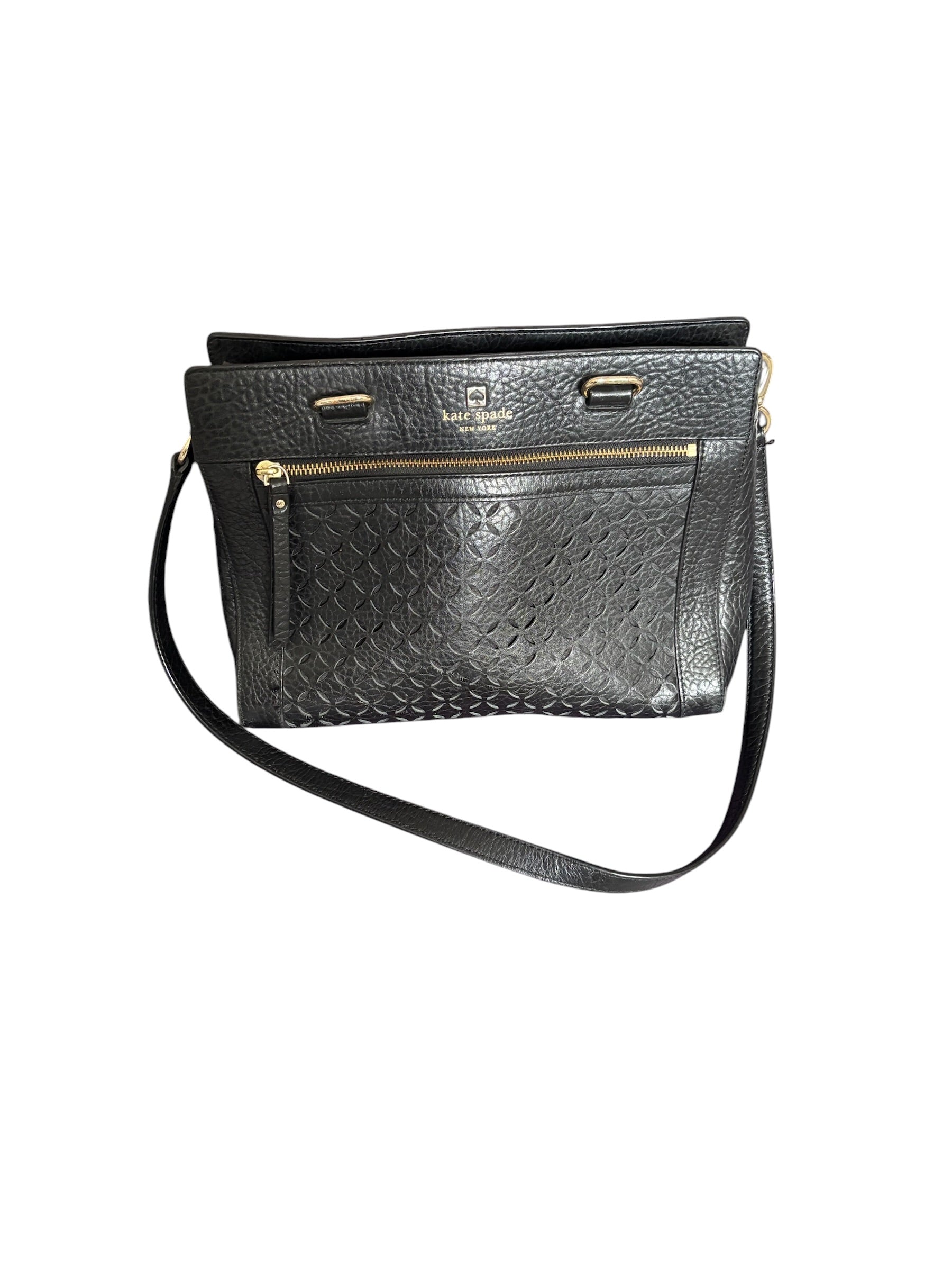 Kate Spade Black Pebbled Leather Perforated Floral Shoulder Bag Gold Hardware
