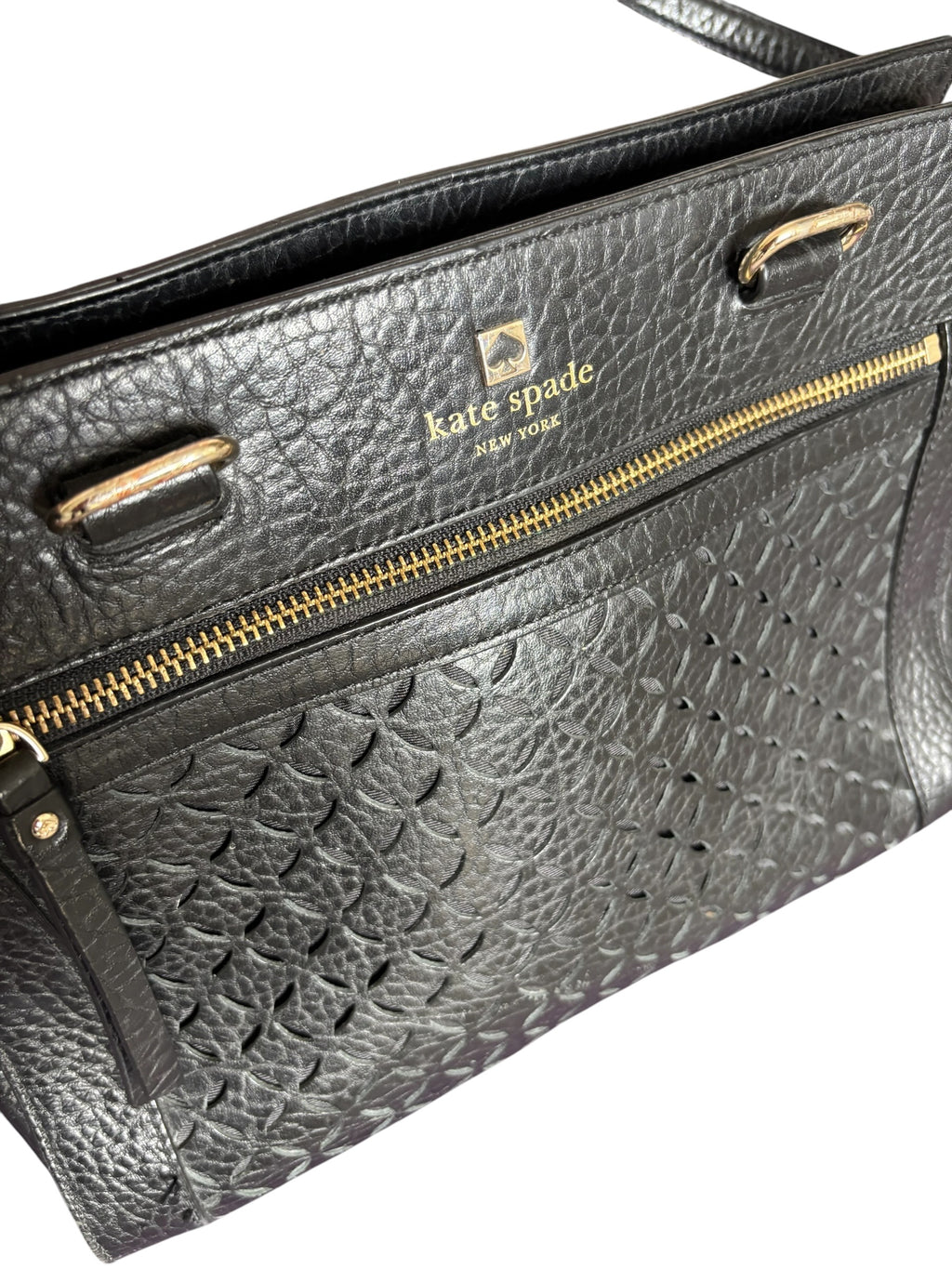 Kate Spade Black Pebbled Leather Perforated Floral Shoulder Bag Gold Hardware