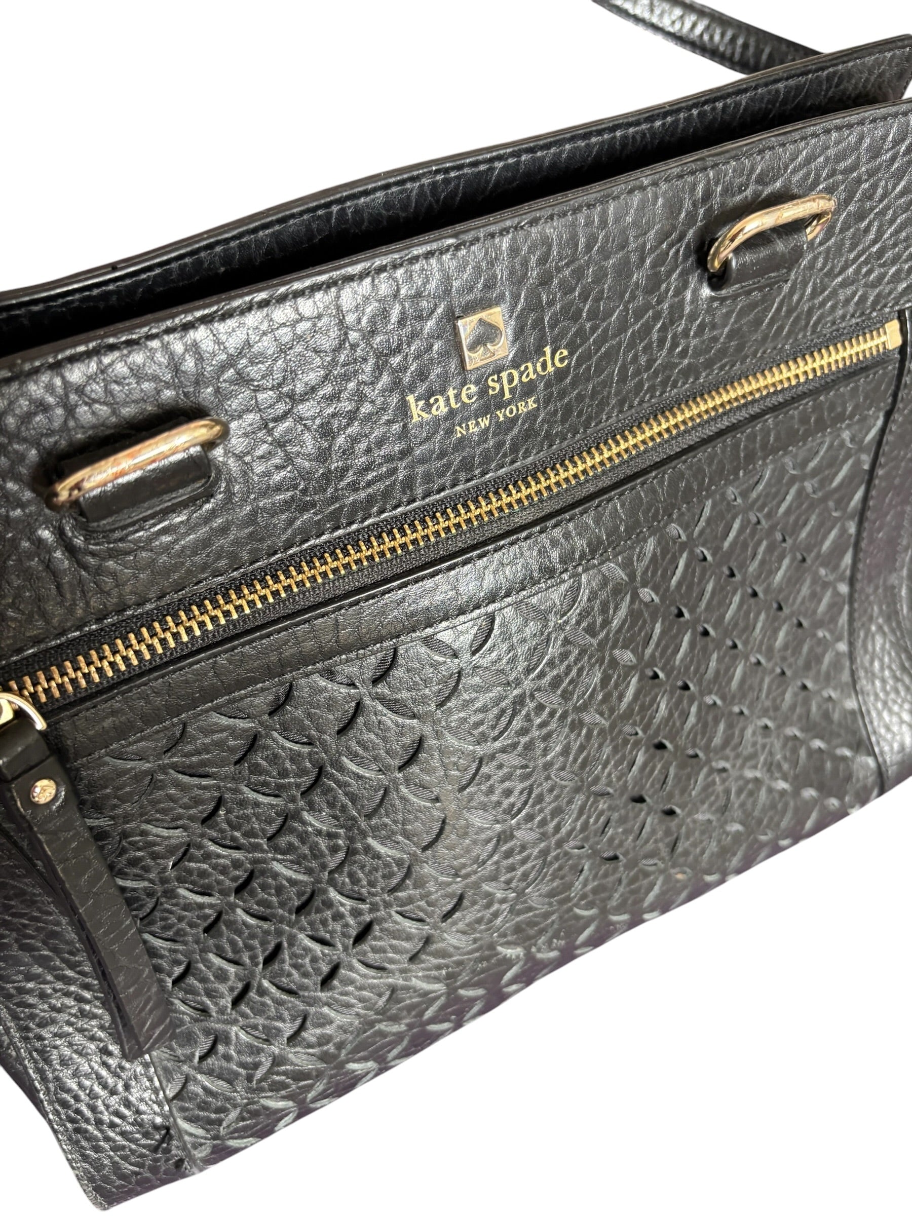 Kate Spade Black Pebbled Leather Perforated Floral Shoulder Bag Gold Hardware