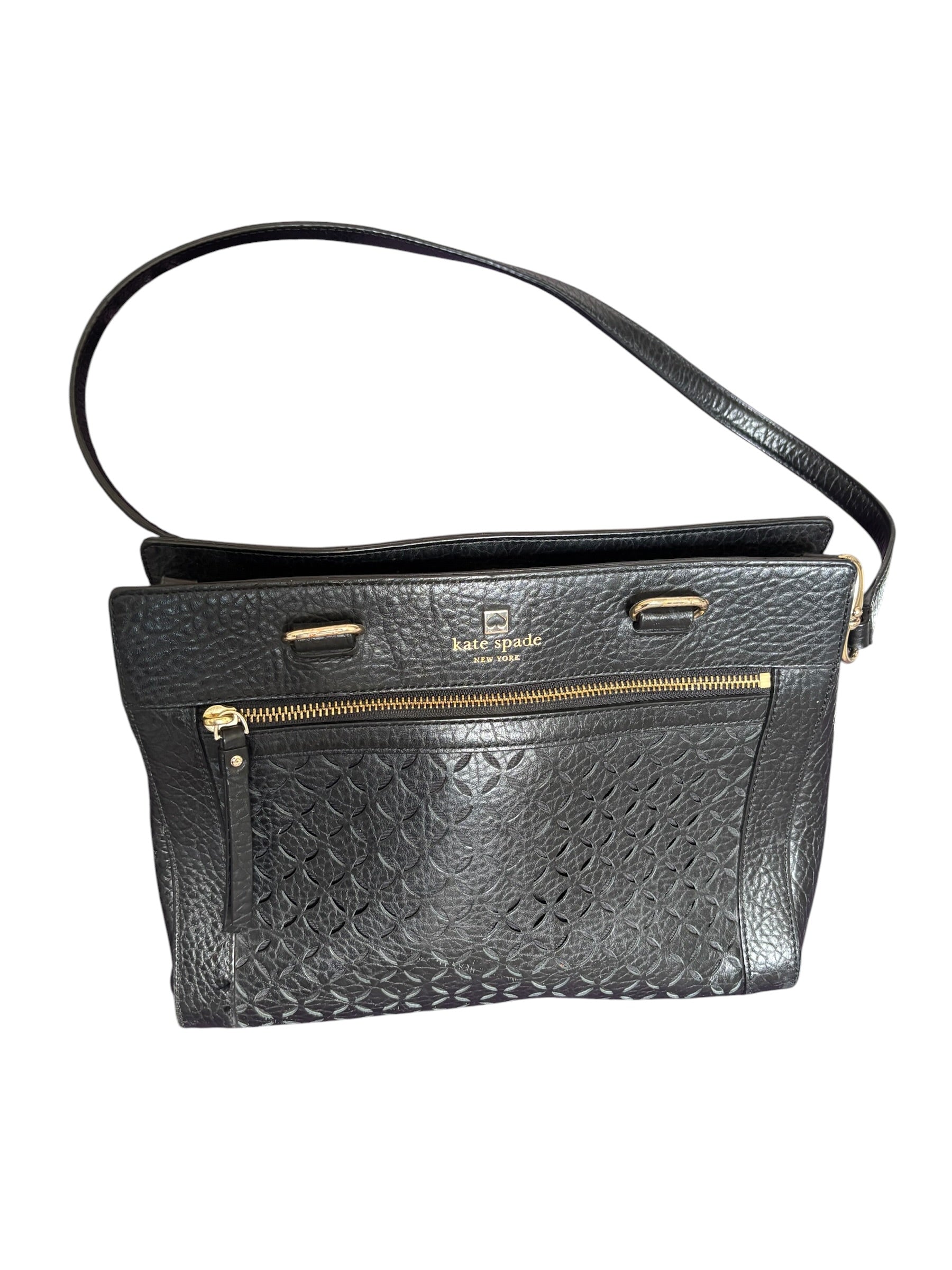 Kate Spade Black Pebbled Leather Perforated Floral Shoulder Bag Gold Hardware