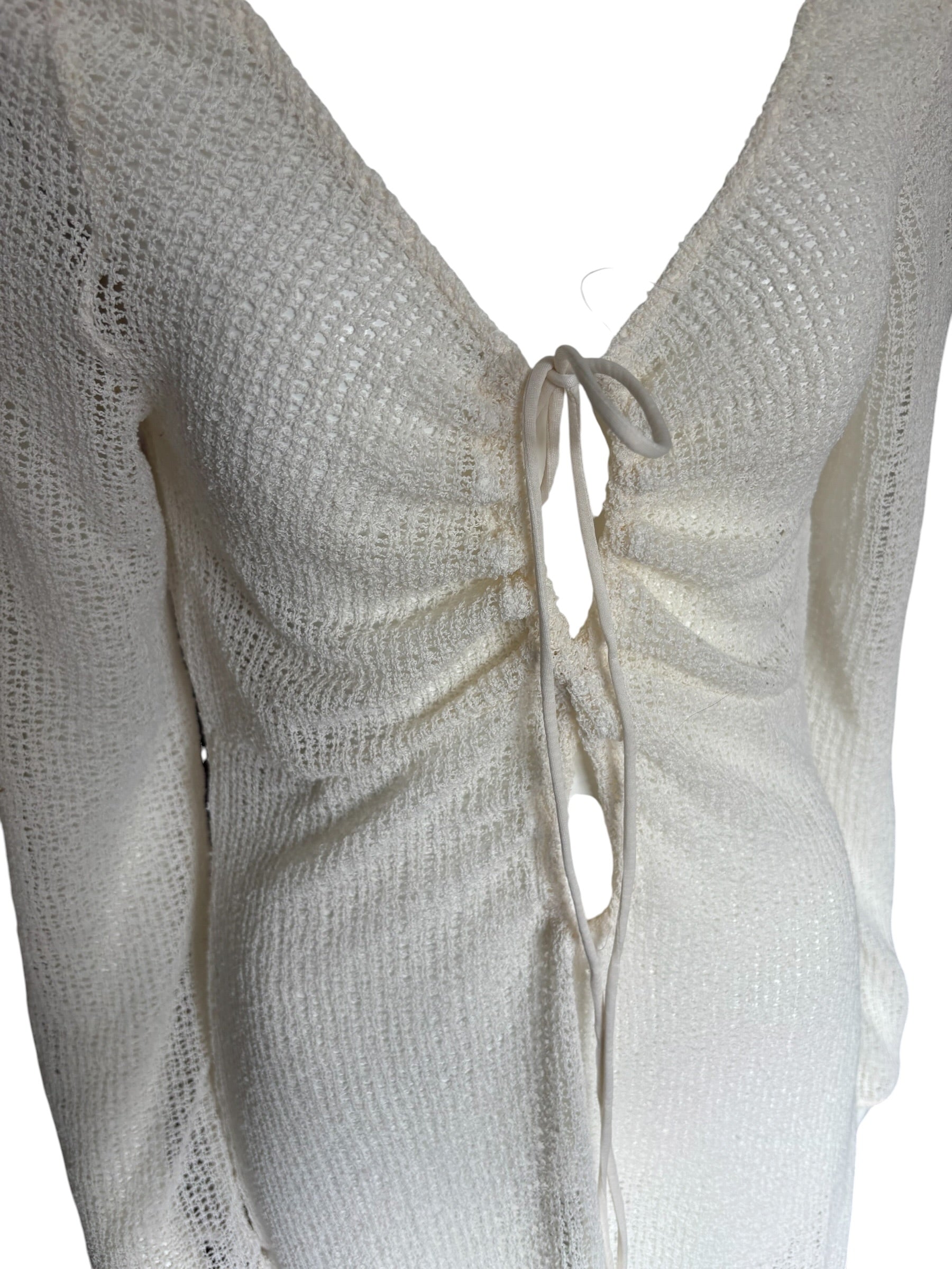 H&M Beachwear White Open Knit Ruched V-Neck Maxi Dress Cover Up Large NWT