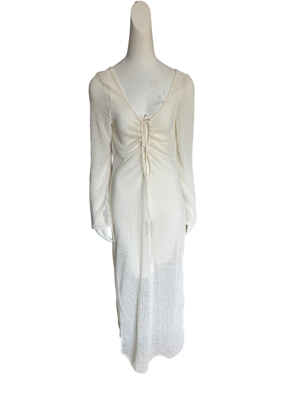 H&M Beachwear White Open Knit Ruched V-Neck Maxi Dress Cover Up Large NWT