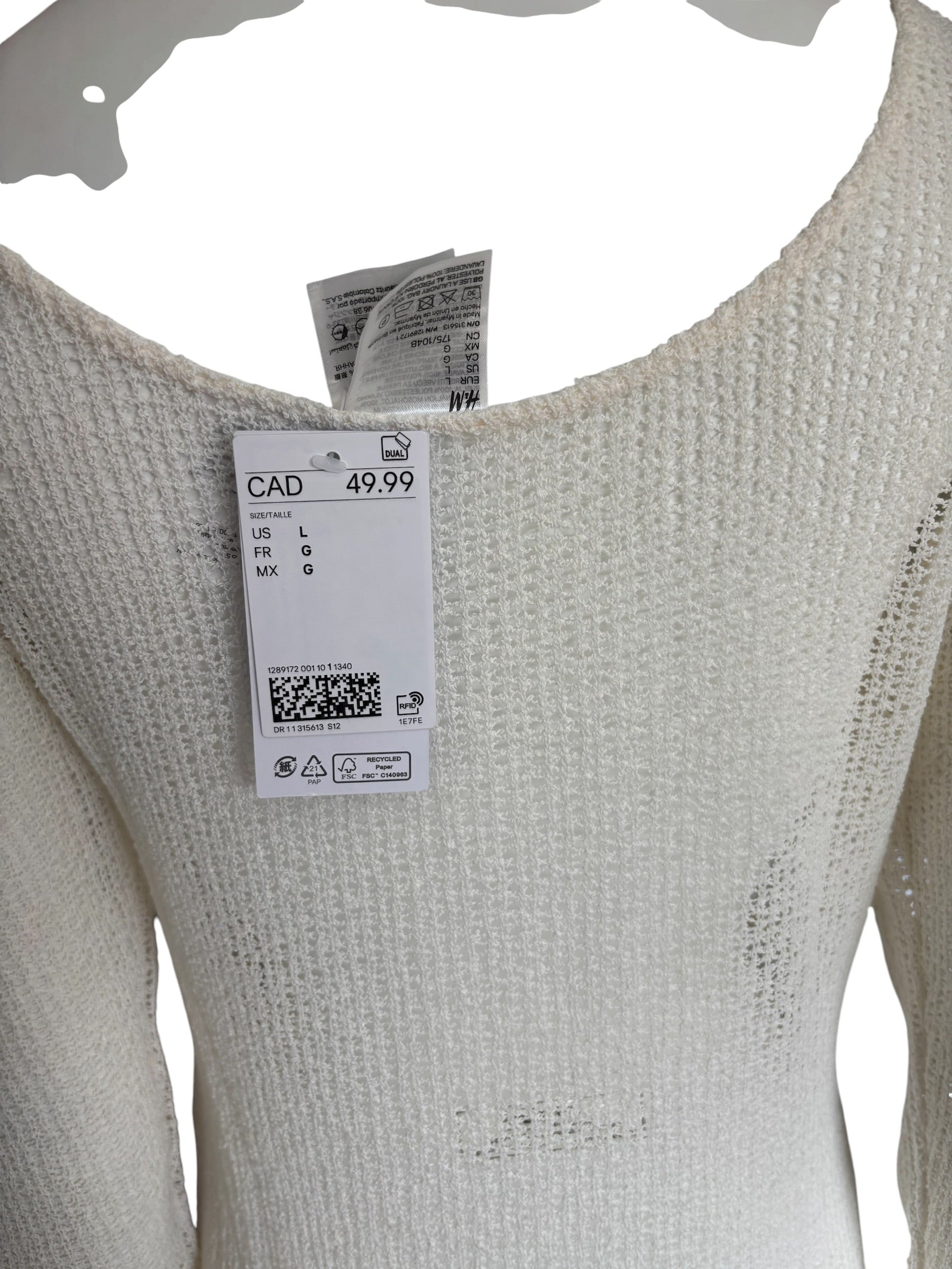 H&M Beachwear White Open Knit Ruched V-Neck Maxi Dress Cover Up Large NWT