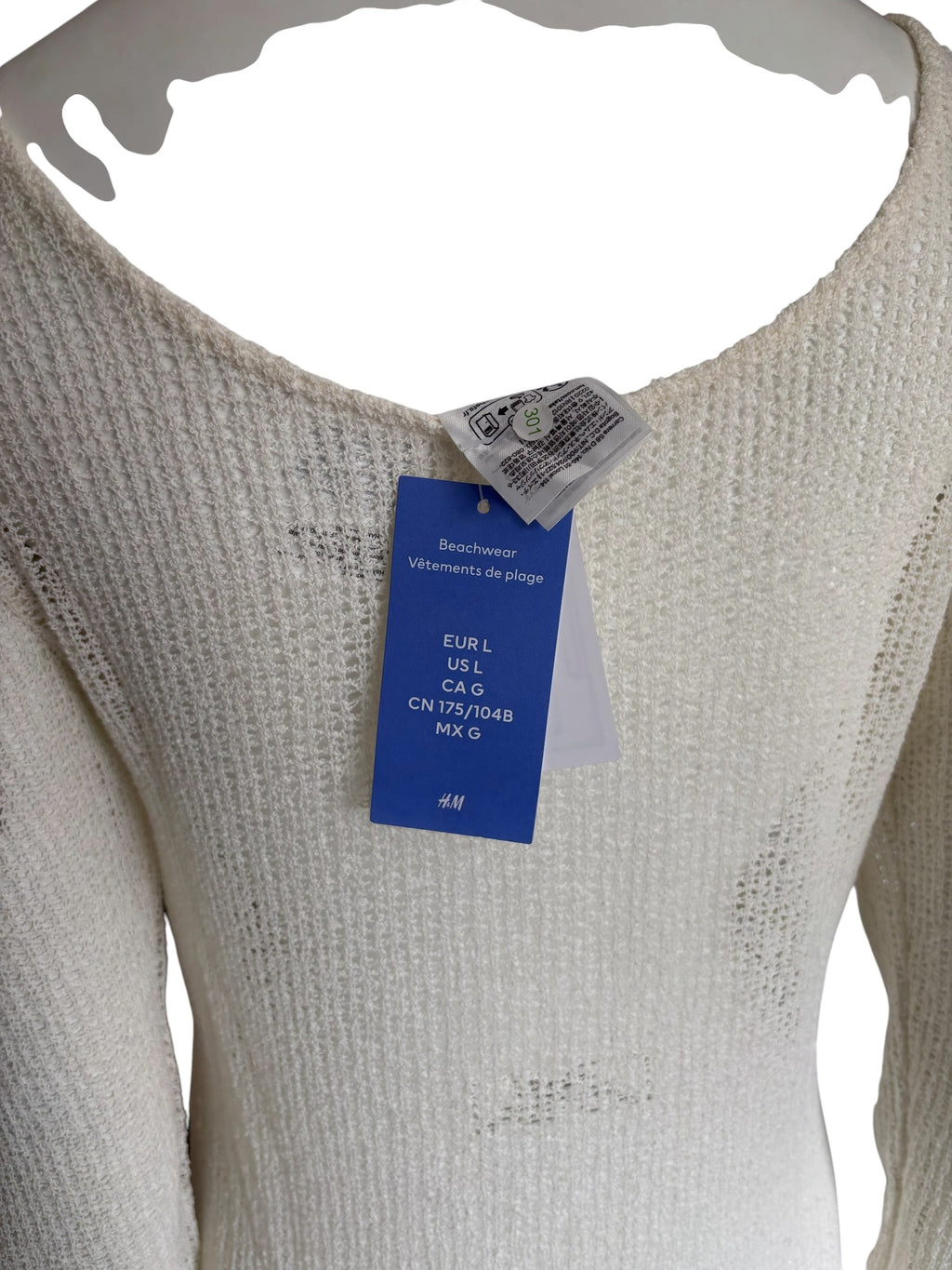 H&M Beachwear White Open Knit Ruched V-Neck Maxi Dress Cover Up Large NWT