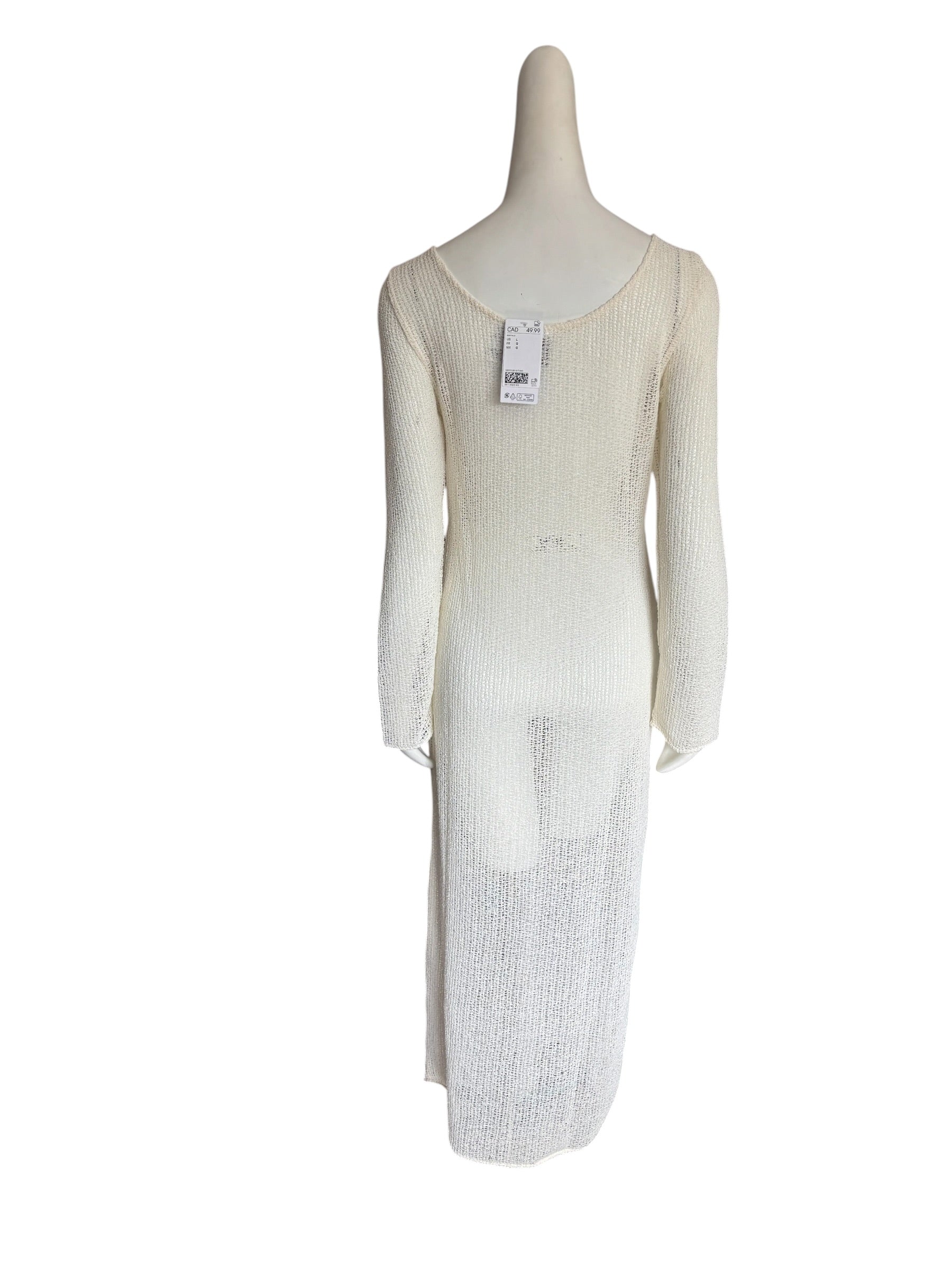 H&M Beachwear White Open Knit Ruched V-Neck Maxi Dress Cover Up Large NWT