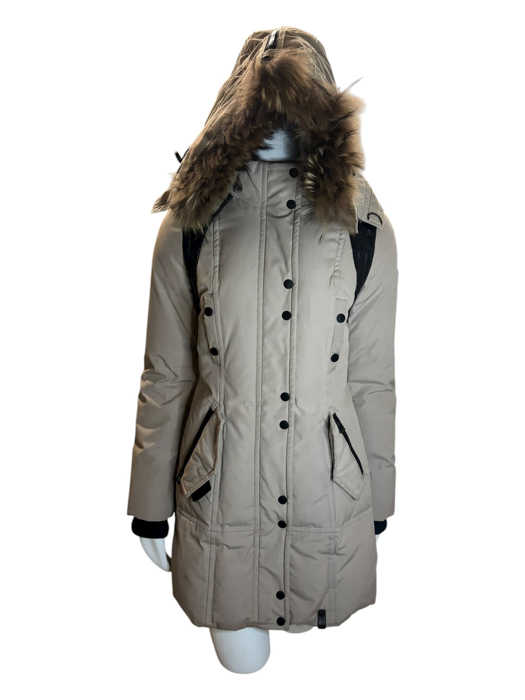 RUDSAK Women's Beige Fur Hooded Down Winter Parka Jacket Leather Detail Size SM