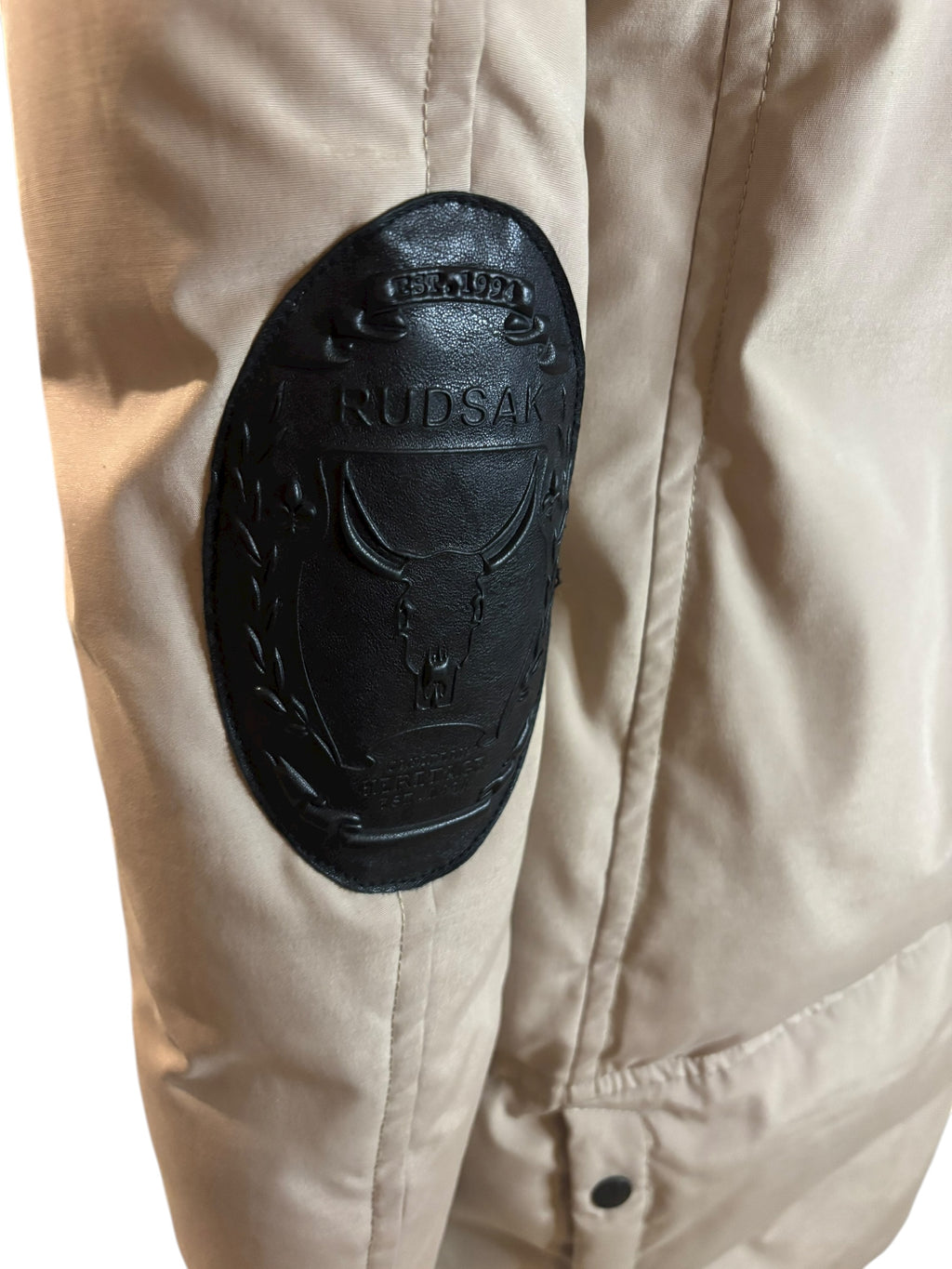 RUDSAK Women's Beige Fur Hooded Down Winter Parka Jacket Leather Detail Size SM