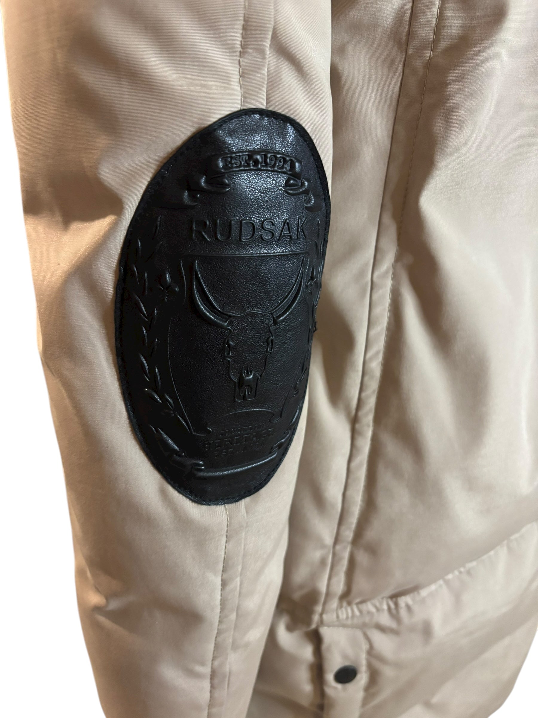 RUDSAK Women's Beige Fur Hooded Down Winter Parka Jacket Leather Detail Size SM