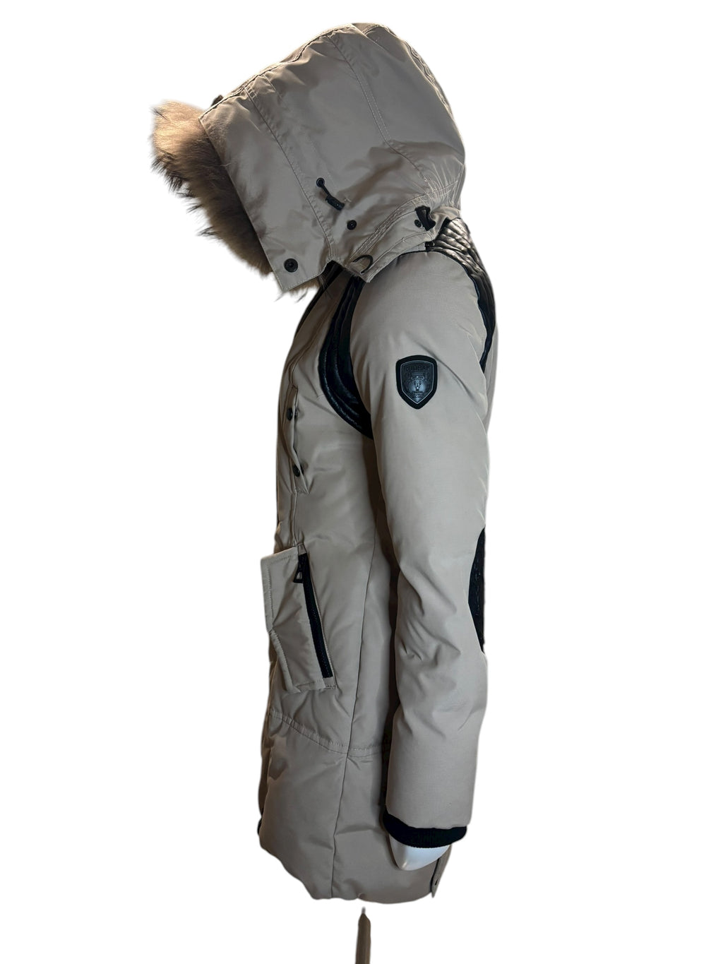 RUDSAK Women's Beige Fur Hooded Down Winter Parka Jacket Leather Detail Size SM