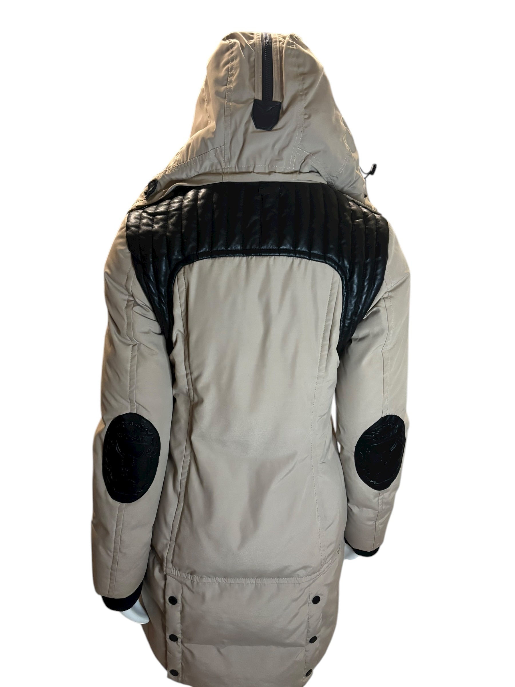 RUDSAK Women's Beige Fur Hooded Down Winter Parka Jacket Leather Detail Size SM