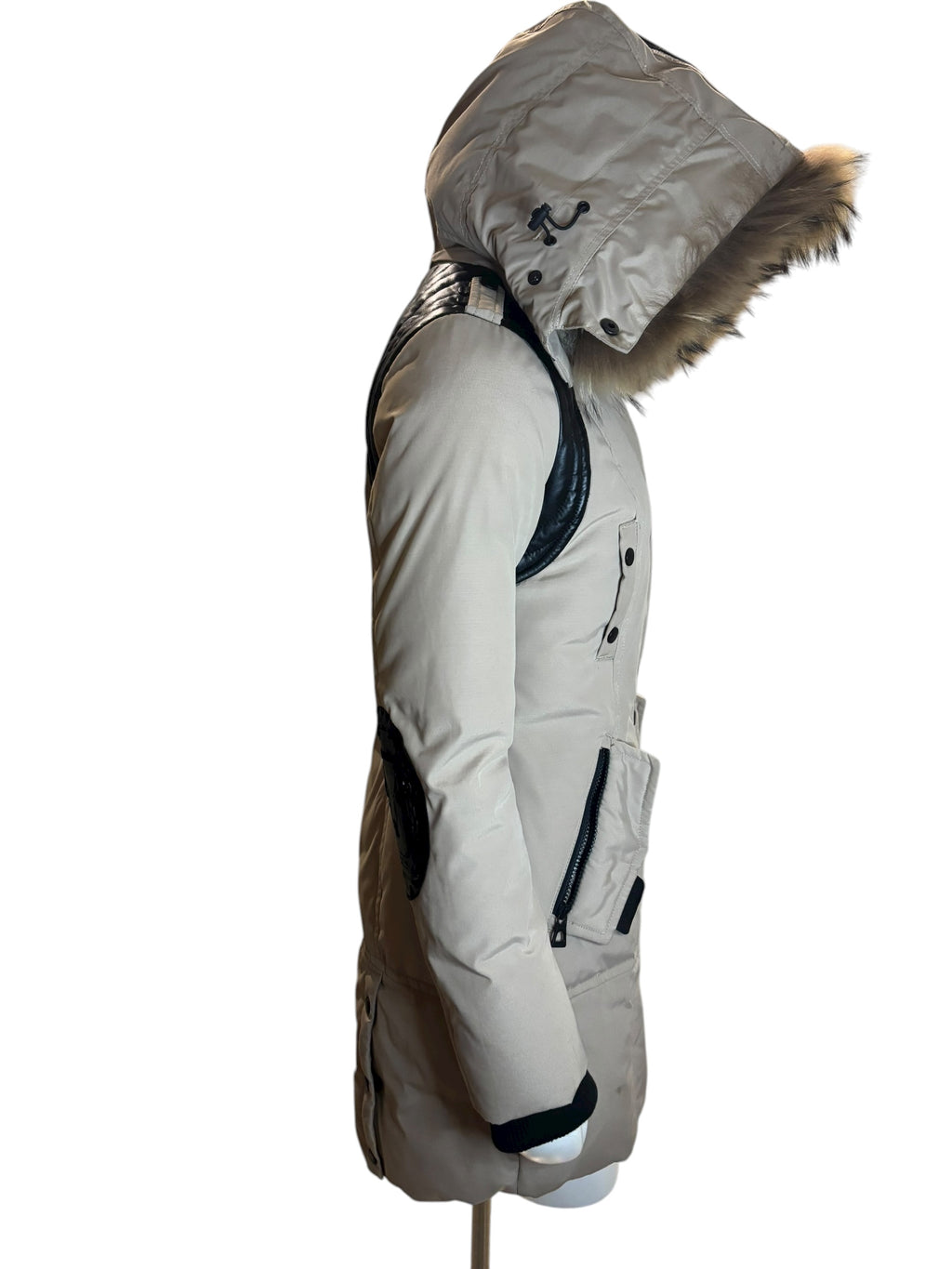 RUDSAK Women's Beige Fur Hooded Down Winter Parka Jacket Leather Detail Size SM