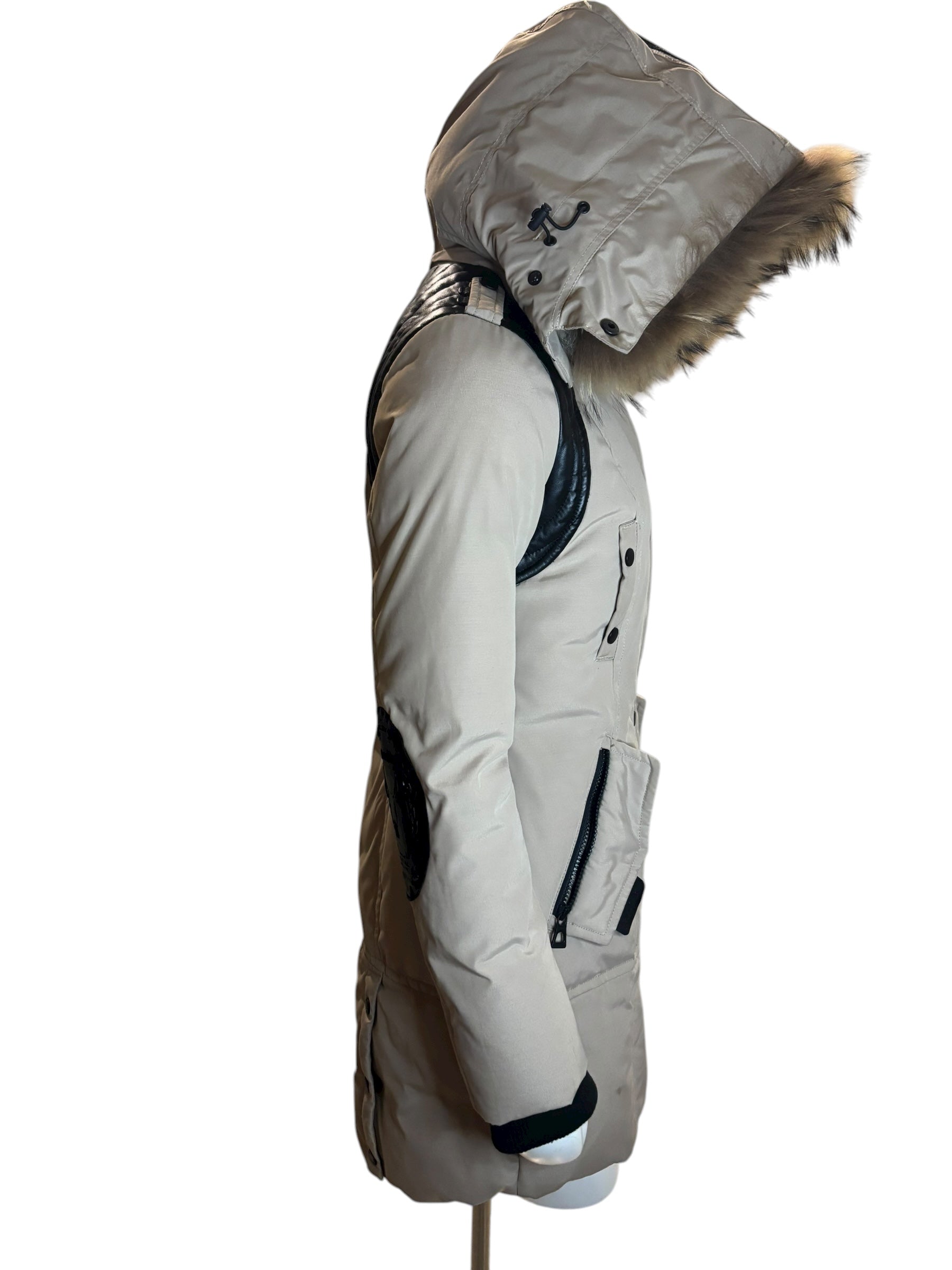 RUDSAK Women's Beige Fur Hooded Down Winter Parka Jacket Leather Detail Size SM