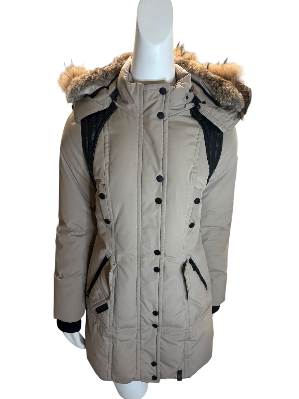 RUDSAK Women's Beige Fur Hooded Down Winter Parka Jacket Leather Detail Size SM