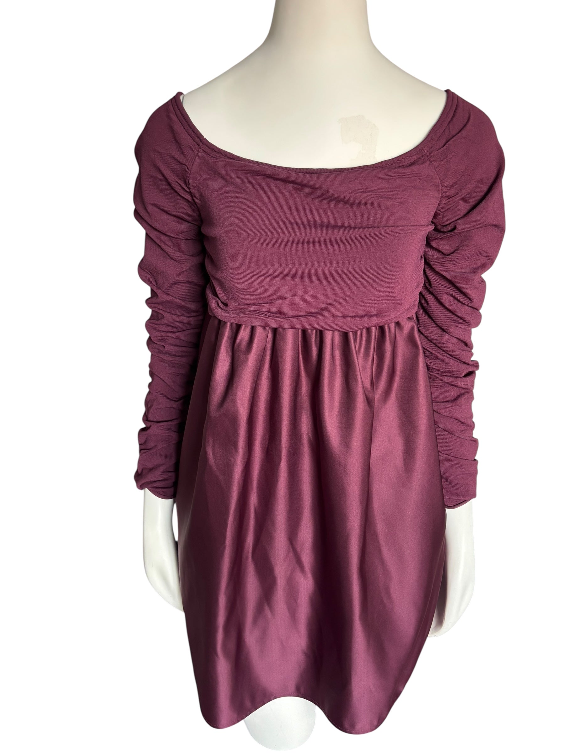 Cocktail Mini Dress in Rich Burgundy, Ruched Sleeves On/Off Shoulder Size Med