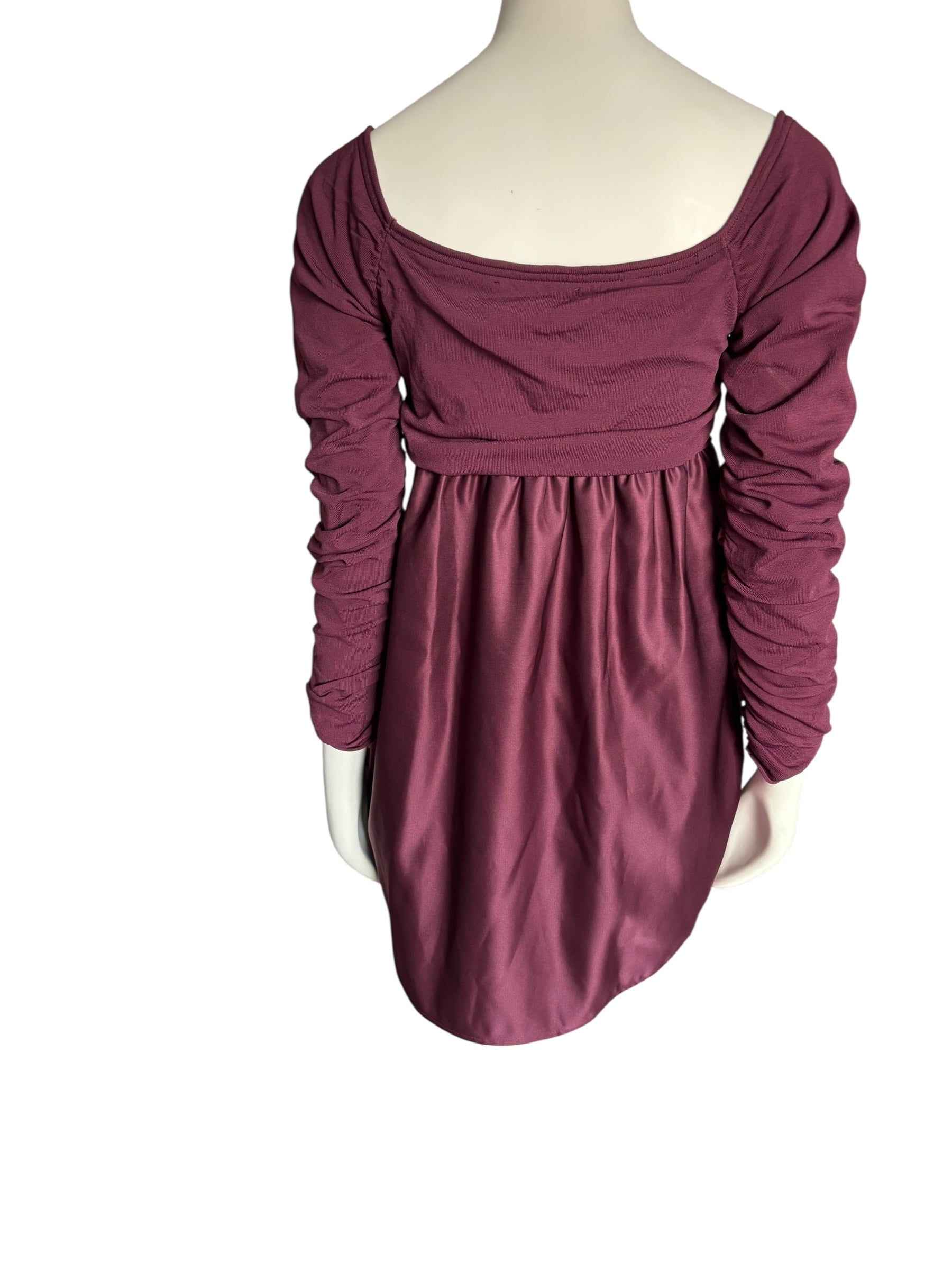 Cocktail Mini Dress in Rich Burgundy, Ruched Sleeves On/Off Shoulder Size Med