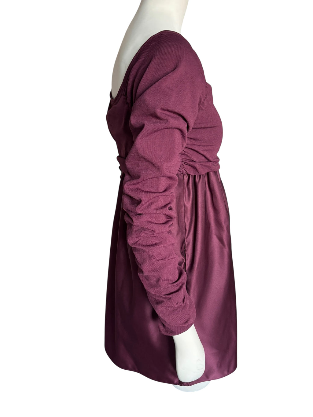 Cocktail Mini Dress in Rich Burgundy, Ruched Sleeves On/Off Shoulder Size Med
