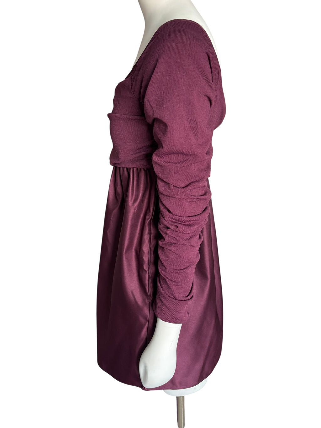 Cocktail Mini Dress in Rich Burgundy, Ruched Sleeves On/Off Shoulder Size Med