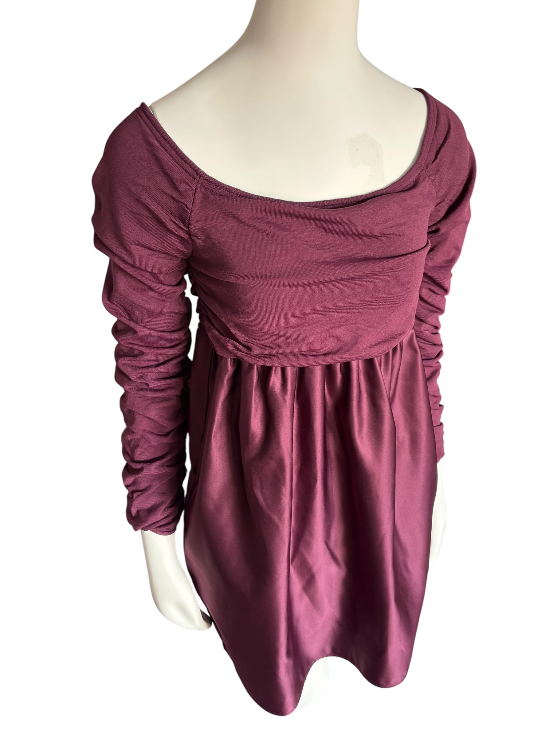 Cocktail Mini Dress in Rich Burgundy, Ruched Sleeves On/Off Shoulder Size Med