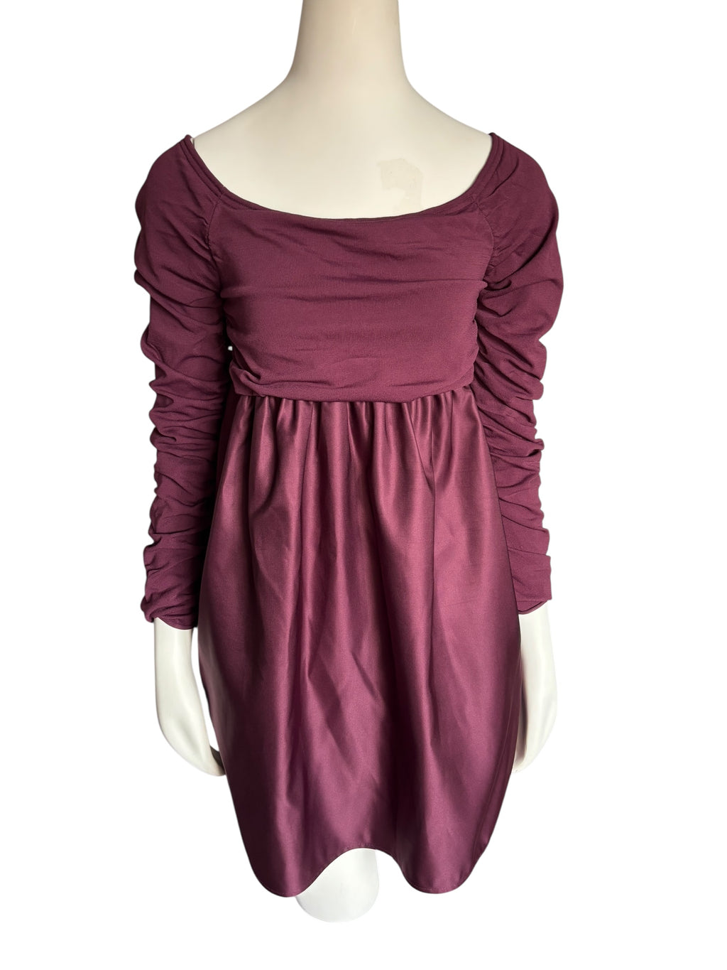 Cocktail Mini Dress in Rich Burgundy, Ruched Sleeves On/Off Shoulder Size Med