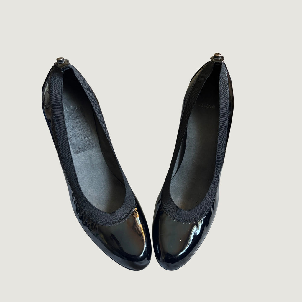 Stuart Weitzman Black Patent Leather Elastic Trim Platform Pumps KL35130  8.5