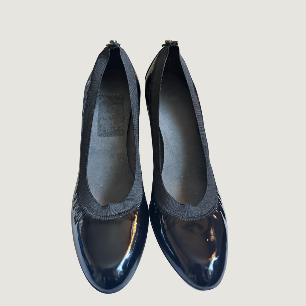 Stuart Weitzman Black Patent Leather Elastic Trim Platform Pumps KL35130  8.5