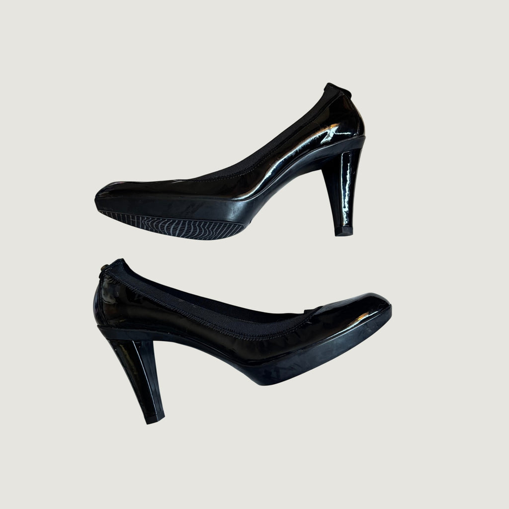 Stuart Weitzman Black Patent Leather Elastic Trim Platform Pumps KL35130  8.5