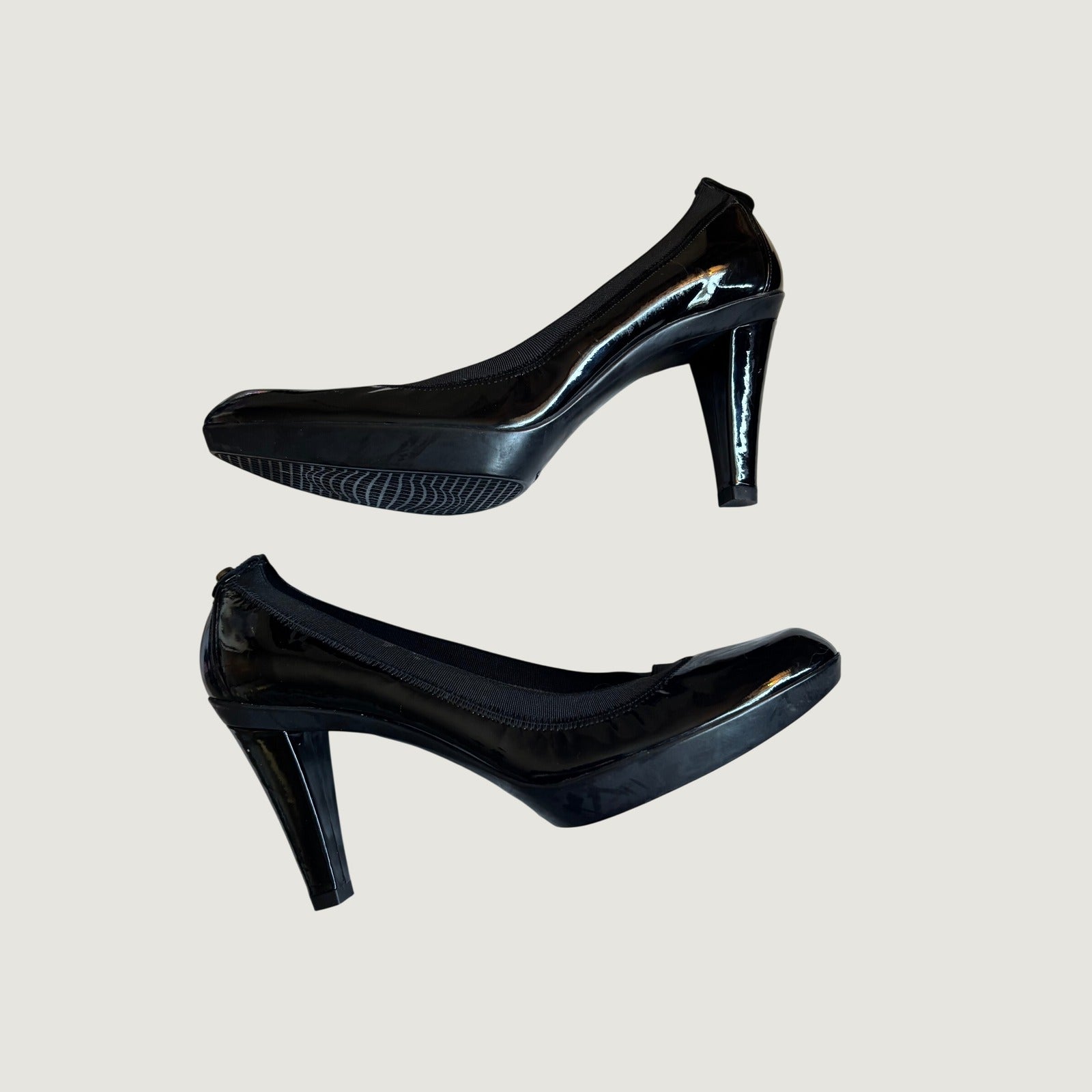 Stuart Weitzman Black Patent Leather Elastic Trim Platform Pumps KL35130  8.5