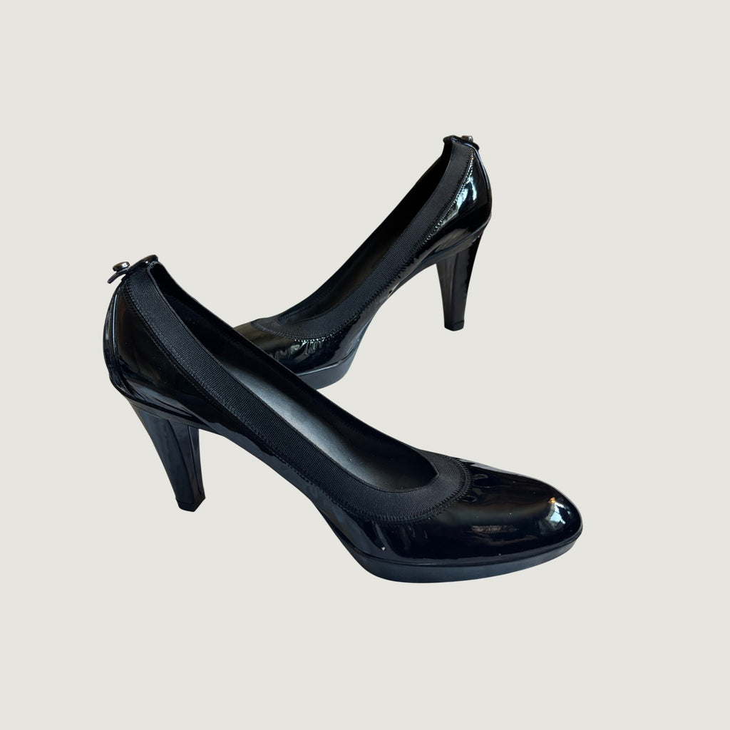 Stuart Weitzman Black Patent Leather Elastic Trim Platform Pumps KL35130  8.5