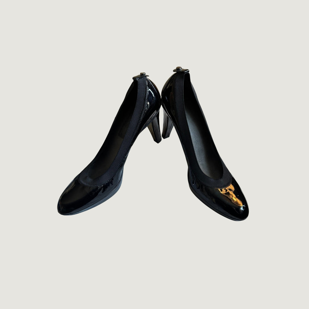 Stuart Weitzman Black Patent Leather Elastic Trim Platform Pumps KL35130  8.5