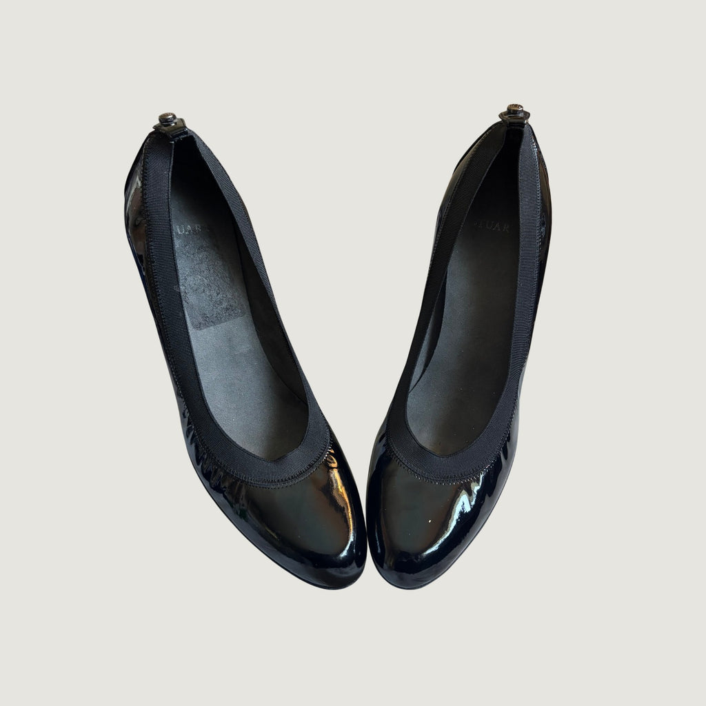 Stuart Weitzman Black Patent Leather Elastic Trim Platform Pumps KL35130  8.5