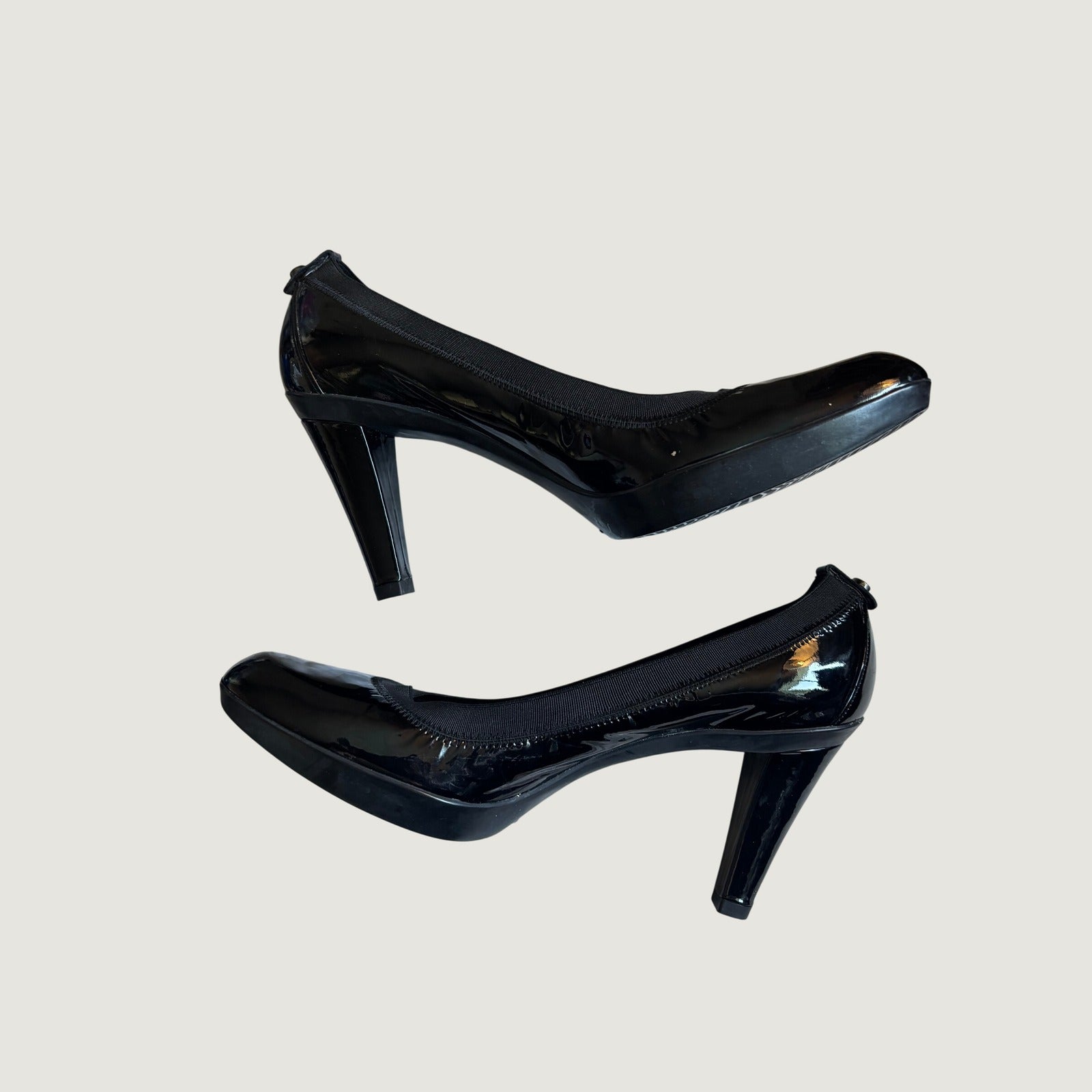 Stuart Weitzman Black Patent Leather Elastic Trim Platform Pumps KL35130  8.5