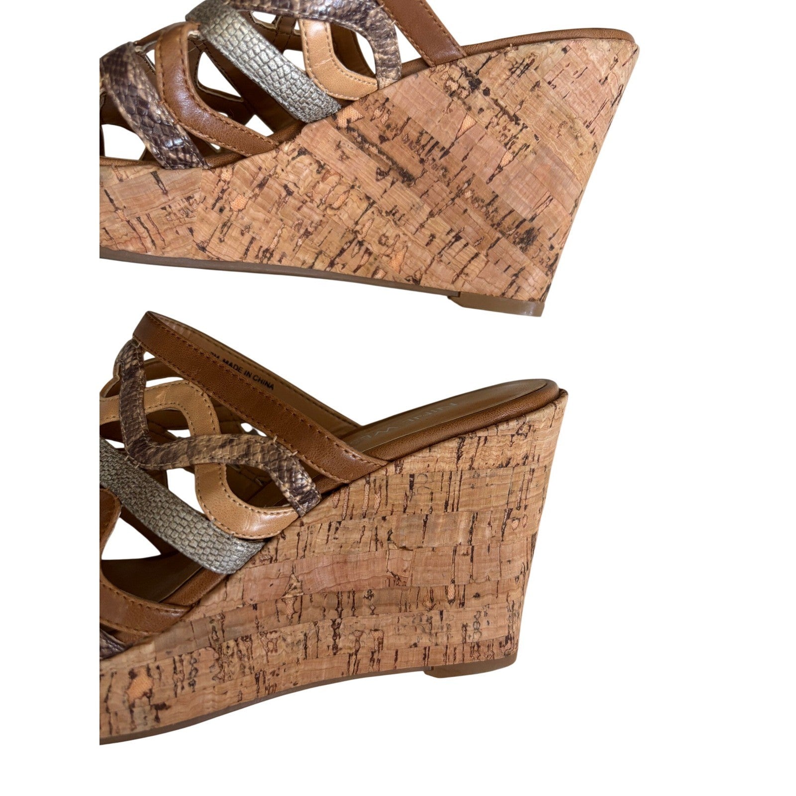 Nine West Entice Wedge Sandals Tan Multi Strap Snakeskin Cork Heel Womens 7M