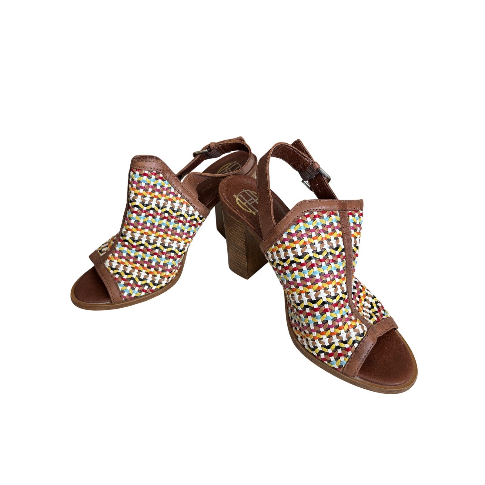 House of Harlow 1960 Multi-Color Woven Leather Slingback Block Heel Sandals 40