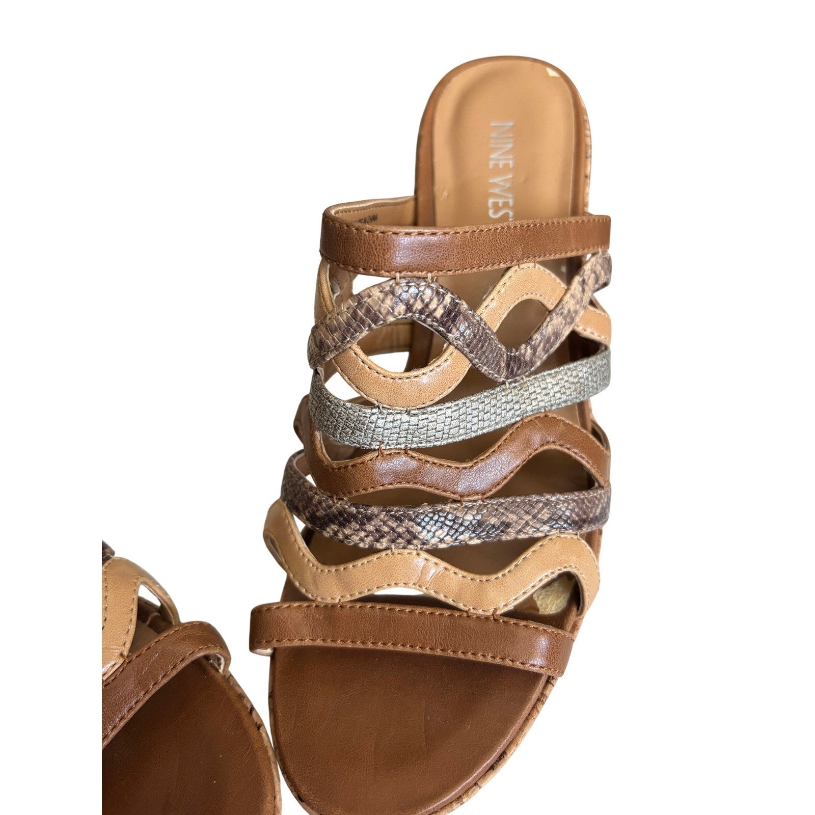 Nine West Entice Wedge Sandals Tan Multi Strap Snakeskin Cork Heel Womens 7M