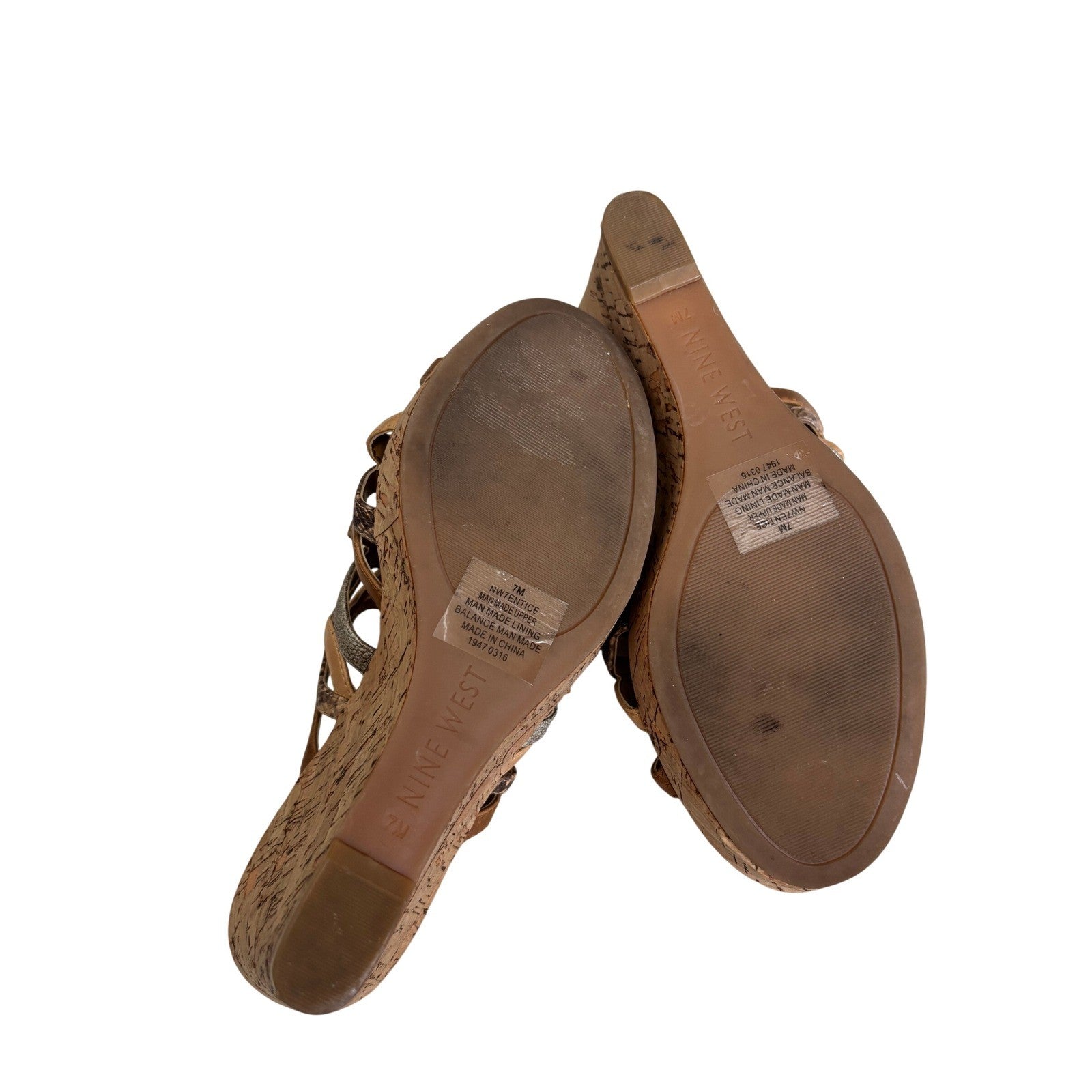 Nine West Entice Wedge Sandals Tan Multi Strap Snakeskin Cork Heel Womens 7M
