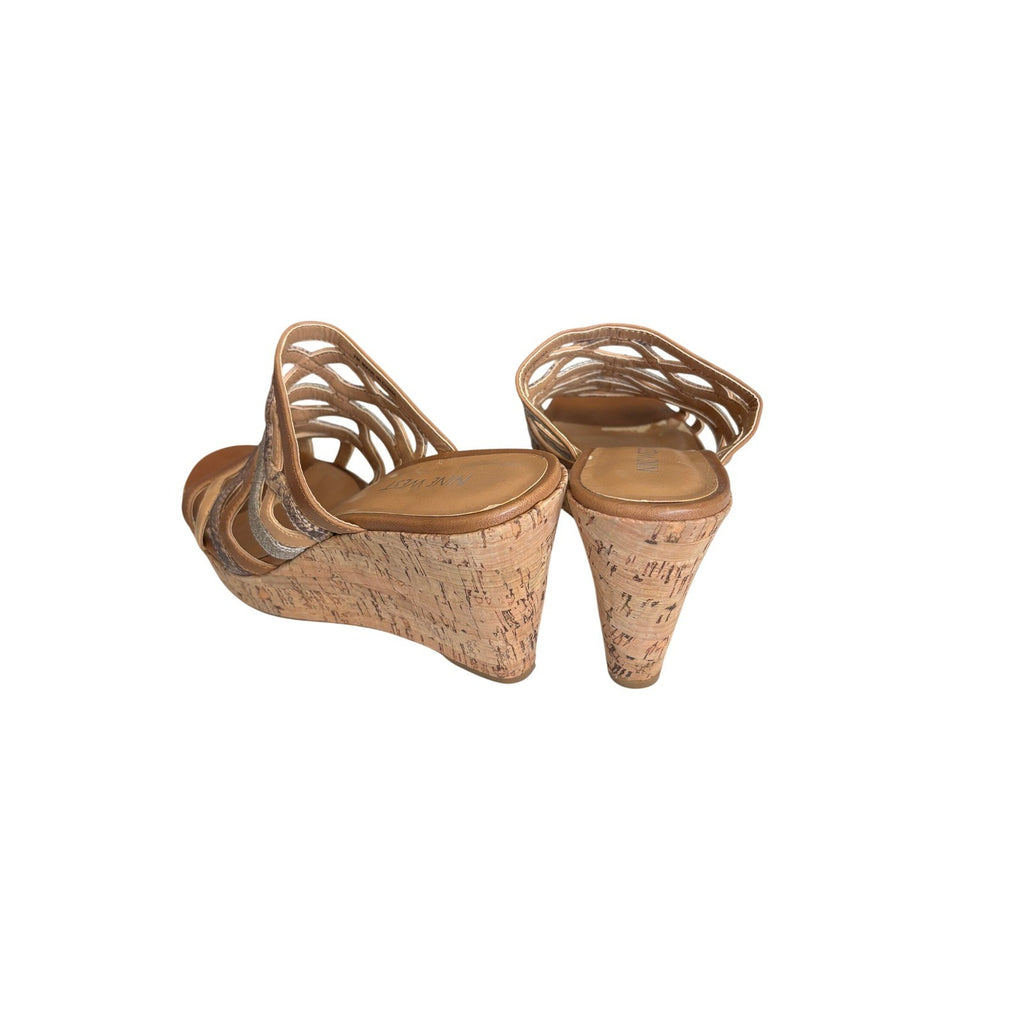 Nine West Entice Wedge Sandals Tan Multi Strap Snakeskin Cork Heel Womens 7M