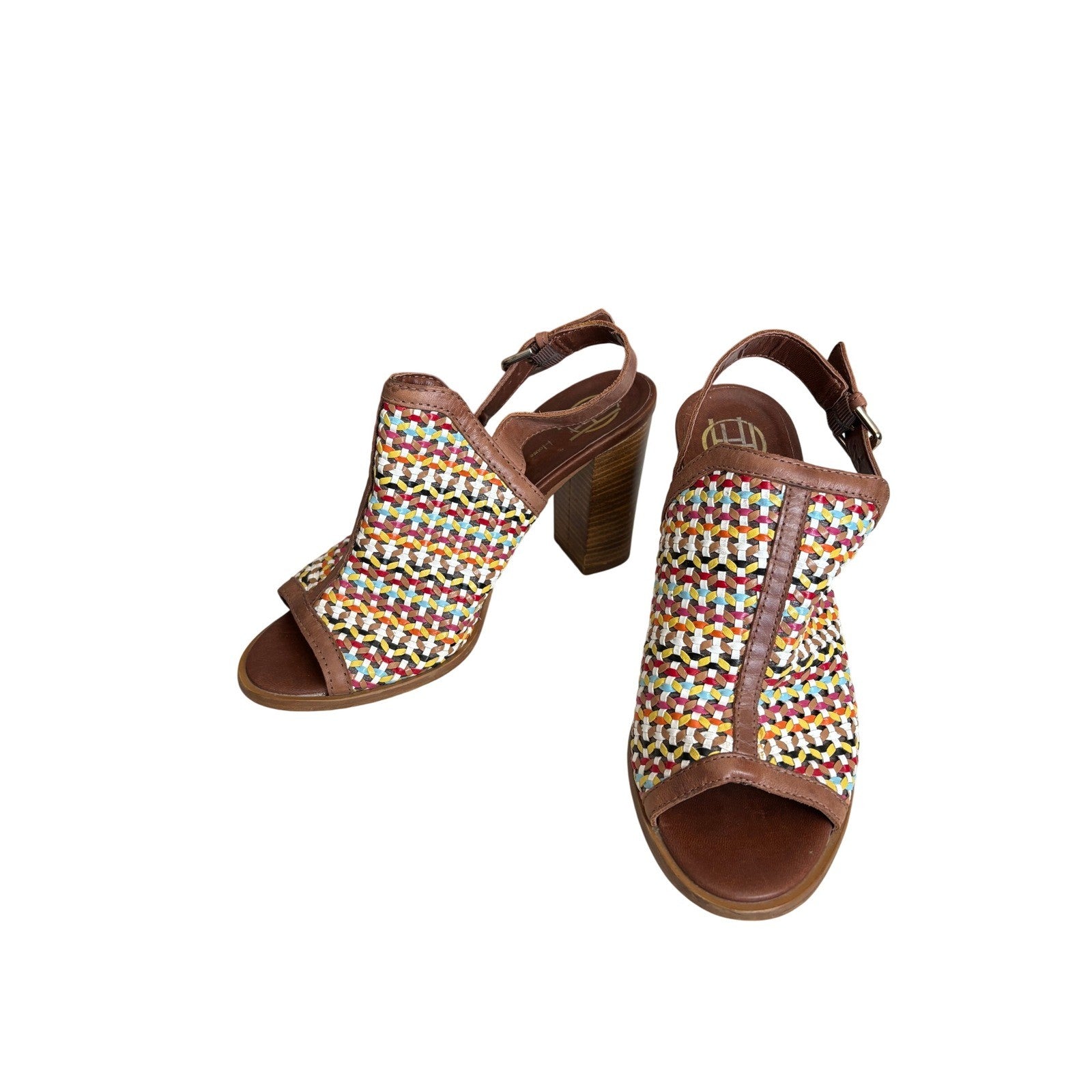 House of Harlow 1960 Multi-Color Woven Leather Slingback Block Heel Sandals 40