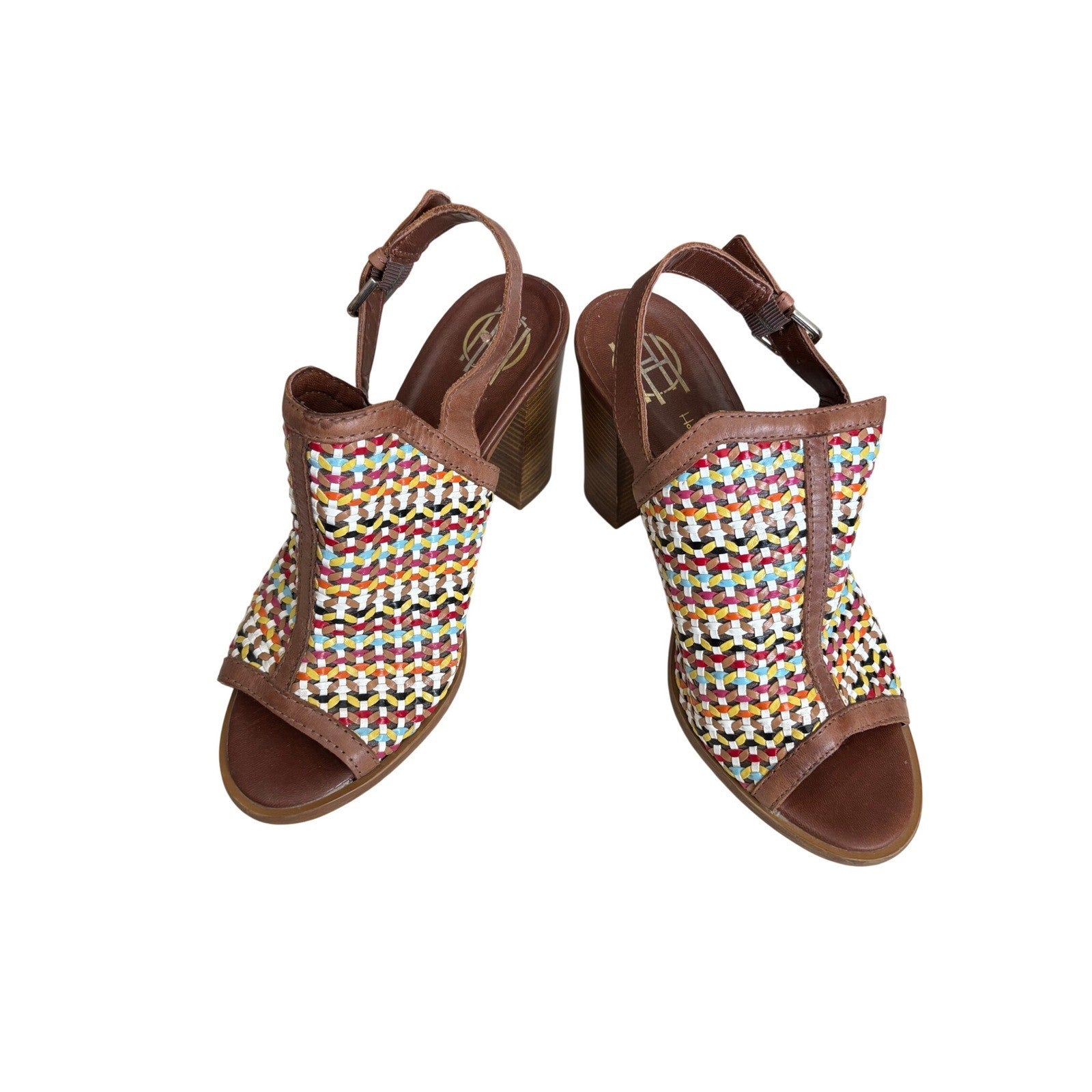 House of Harlow 1960 Multi-Color Woven Leather Slingback Block Heel Sandals 40