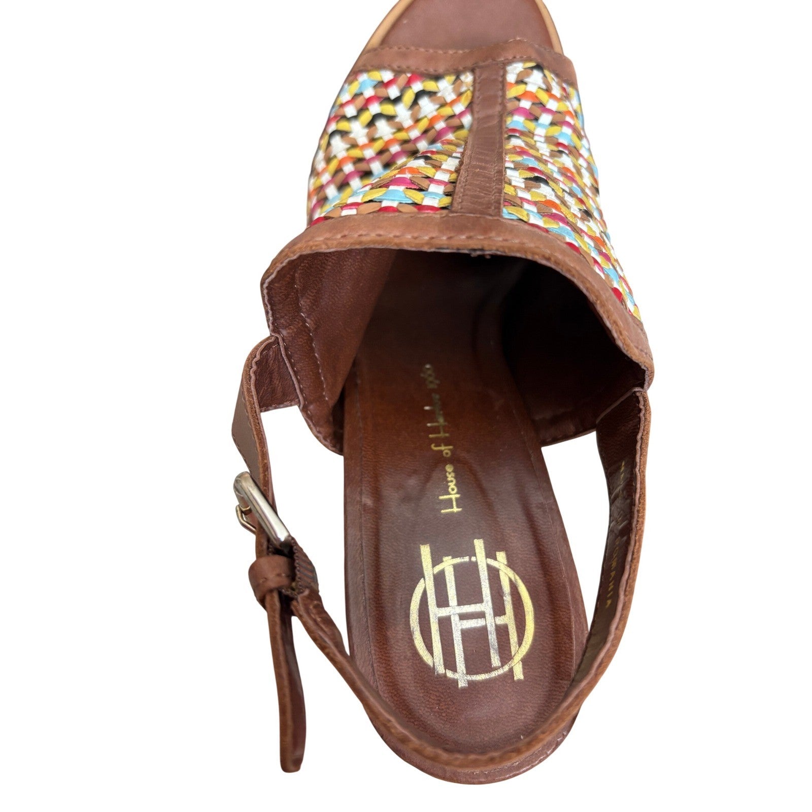 House of Harlow 1960 Multi-Color Woven Leather Slingback Block Heel Sandals 40