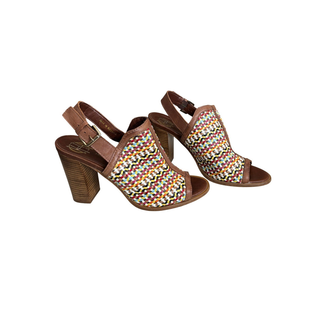 House of Harlow 1960 Multi-Color Woven Leather Slingback Block Heel Sandals 40