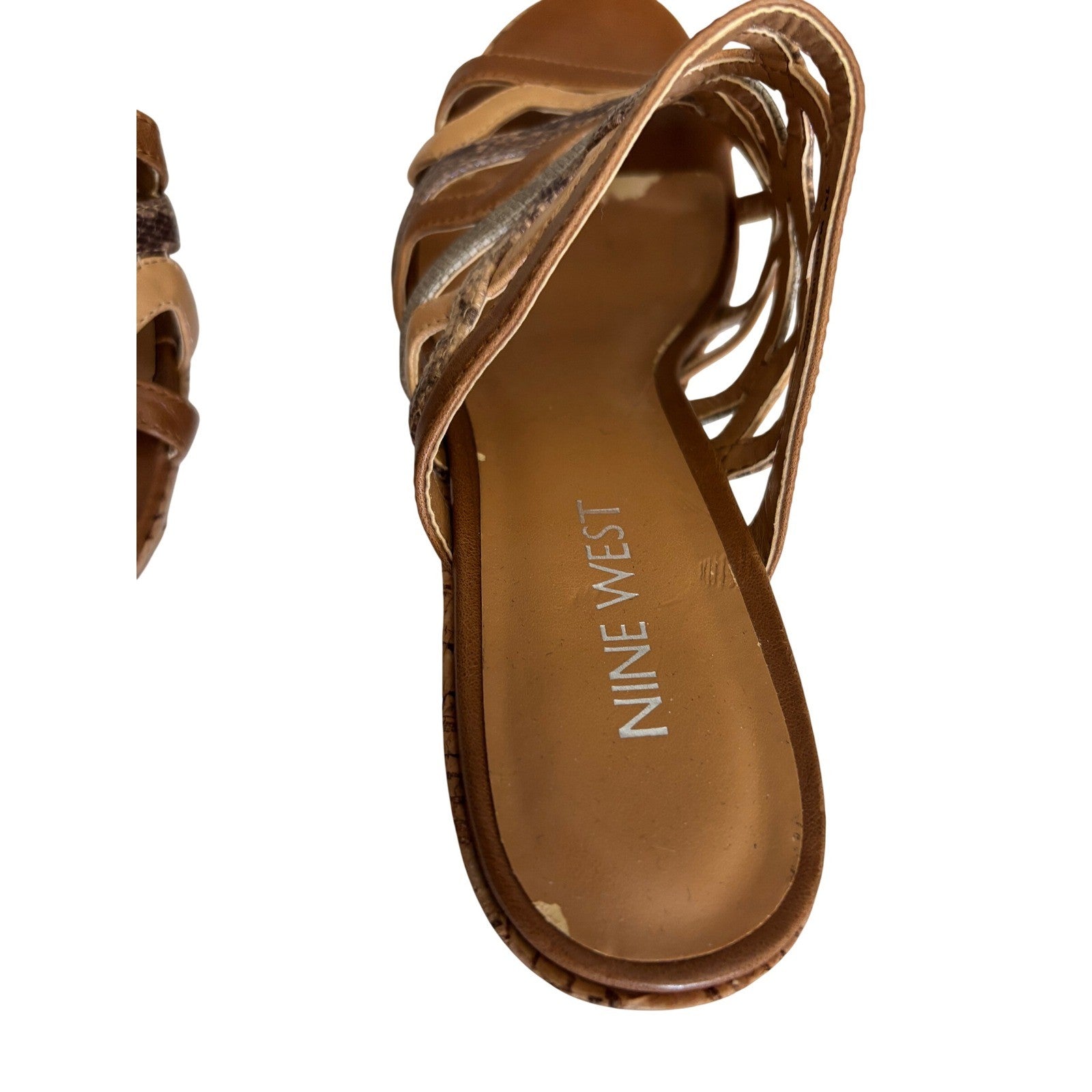 Nine West Entice Wedge Sandals Tan Multi Strap Snakeskin Cork Heel Womens 7M