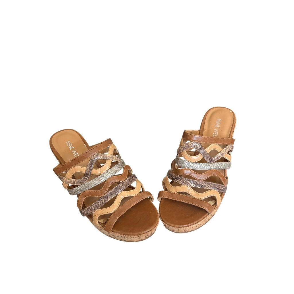 Nine West Entice Wedge Sandals Tan Multi Strap Snakeskin Cork Heel Womens 7M