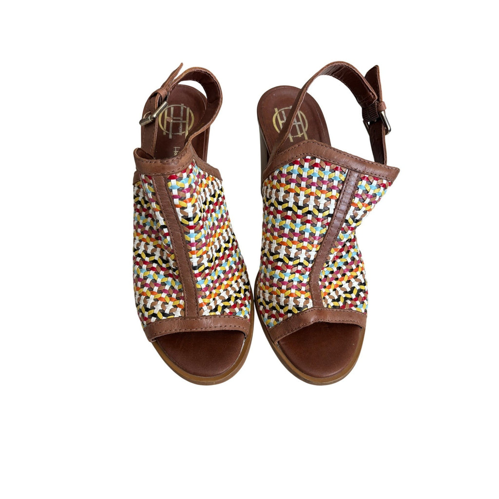 House of Harlow 1960 Multi-Color Woven Leather Slingback Block Heel Sandals 40