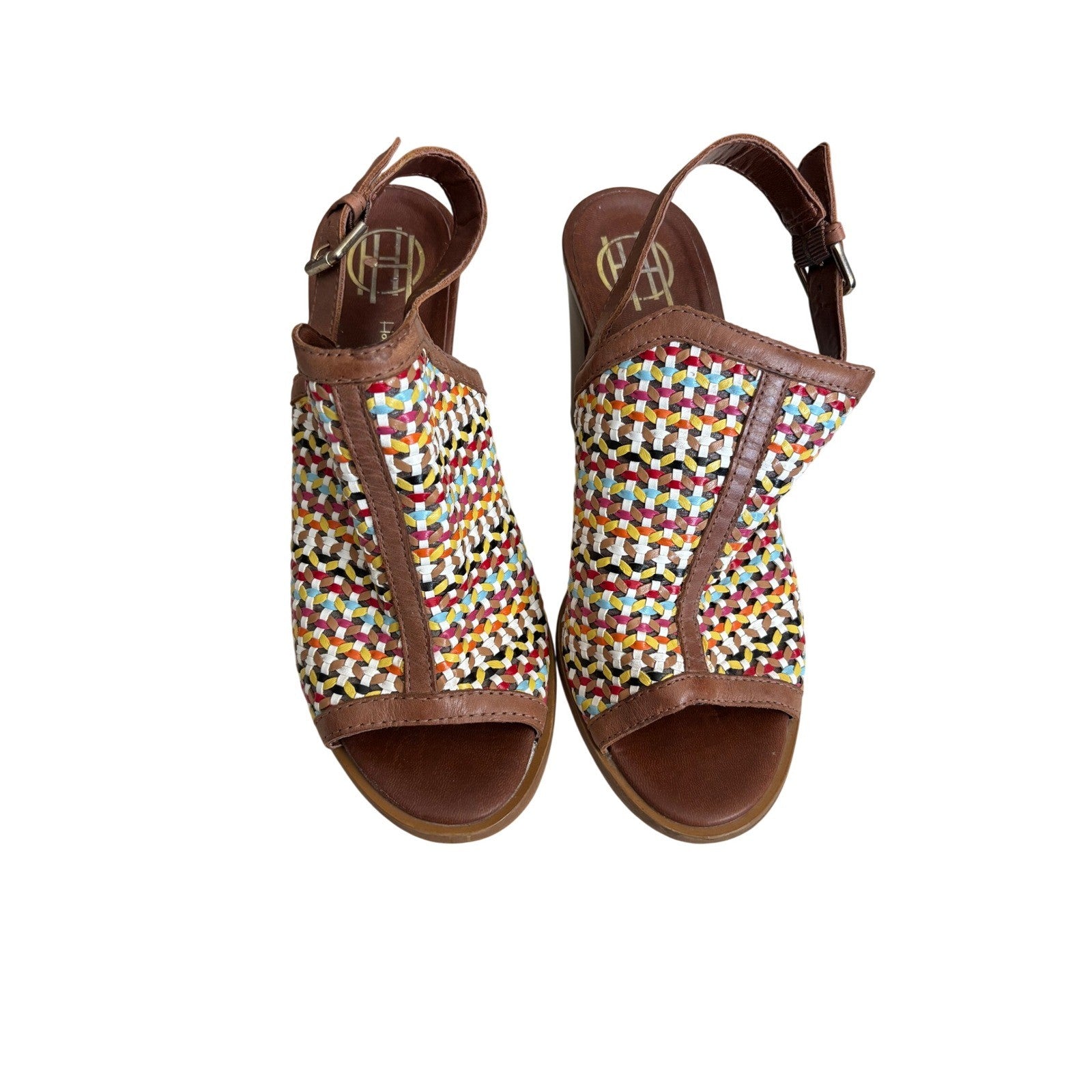 House of Harlow 1960 Multi-Color Woven Leather Slingback Block Heel Sandals 40