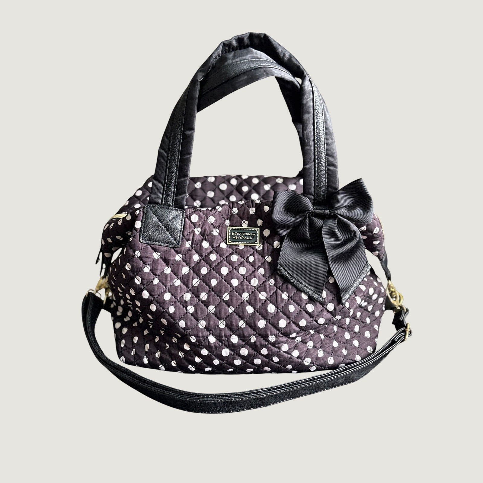 Betsey Johnson Quilted Polka Dot Large Satchel Bag with Bow, Black Brown White Crossbody