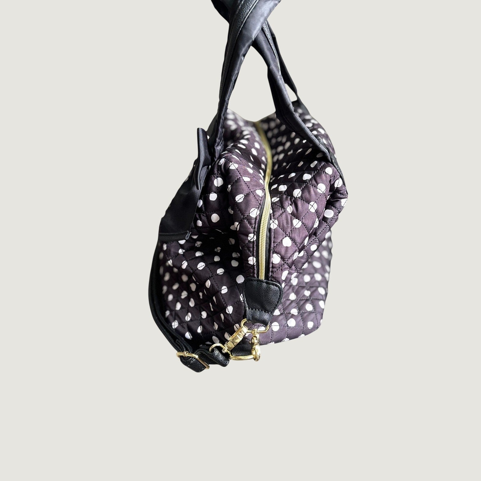 Betsey Johnson Quilted Polka Dot Large Satchel Bag with Bow, Black Brown White Crossbody